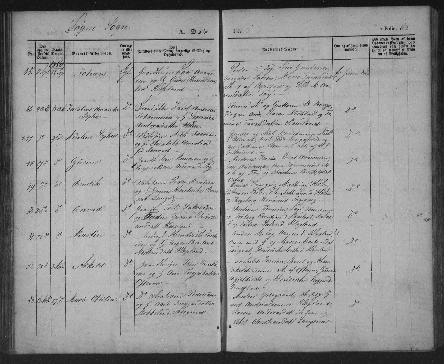 Søgne sokneprestkontor, AV/SAK-1111-0037/F/Fa/Fab/L0009: Parish register (official) no. A 9, 1838-1853, p. 63