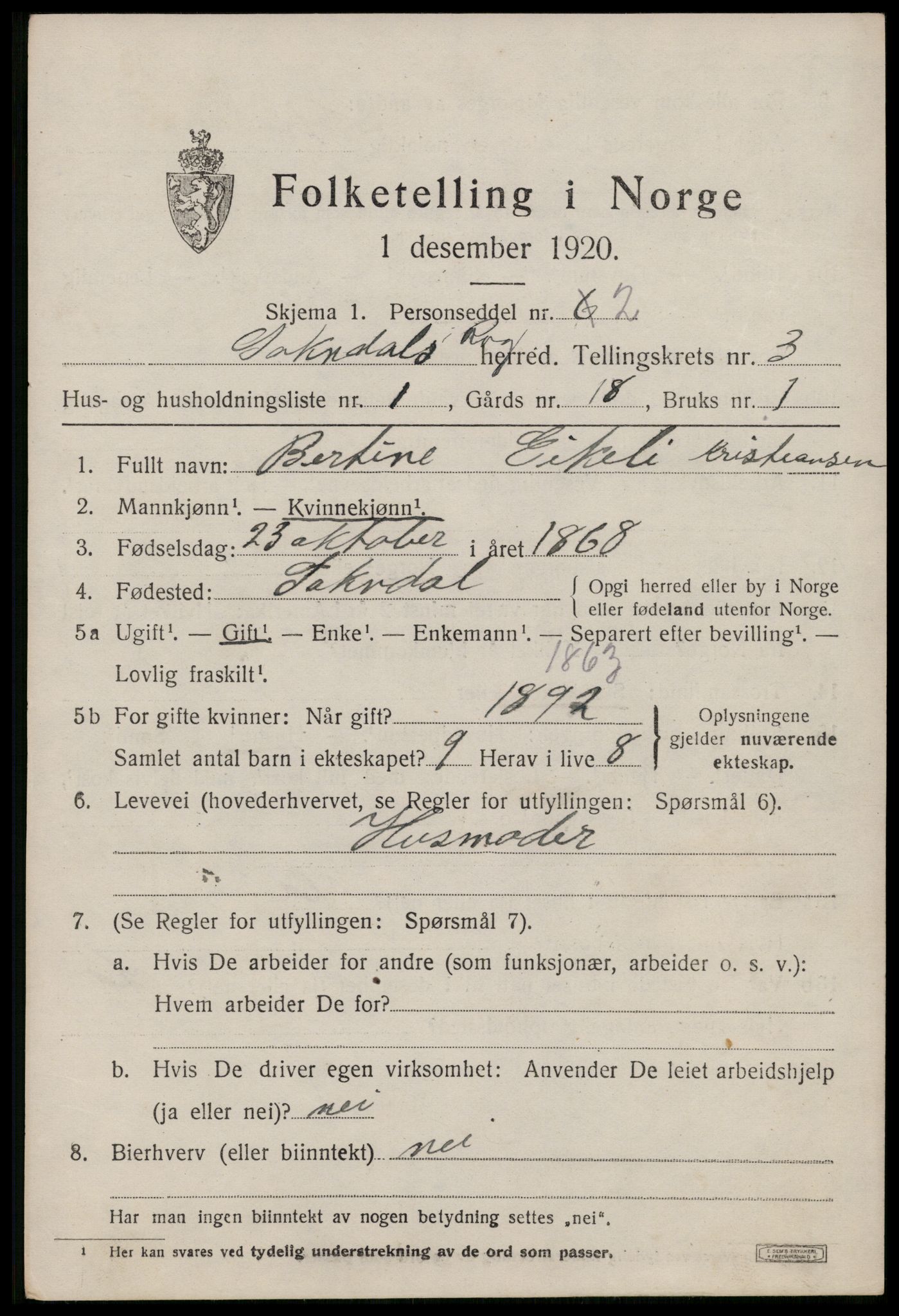 SAST, 1920 census for Sokndal, 1920, p. 2099