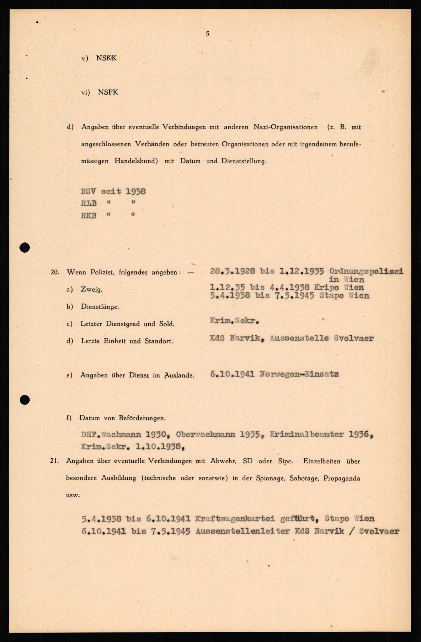 Forsvaret, Forsvarets overkommando II, RA/RAFA-3915/D/Db/L0040: CI Questionaires. Tyske okkupasjonsstyrker i Norge. Østerrikere., 1945-1946, p. 327