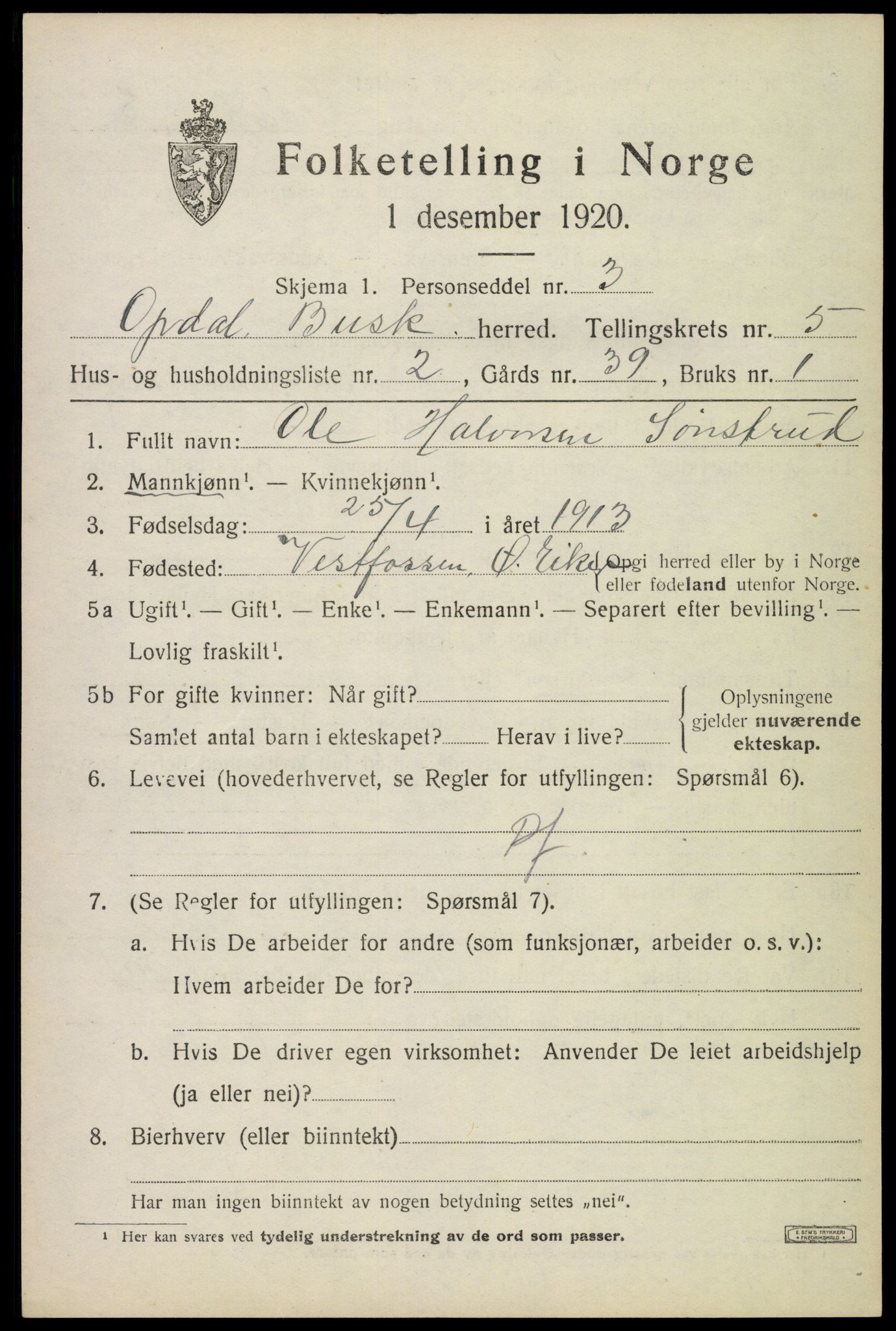 SAKO, 1920 census for Uvdal, 1920, p. 2323