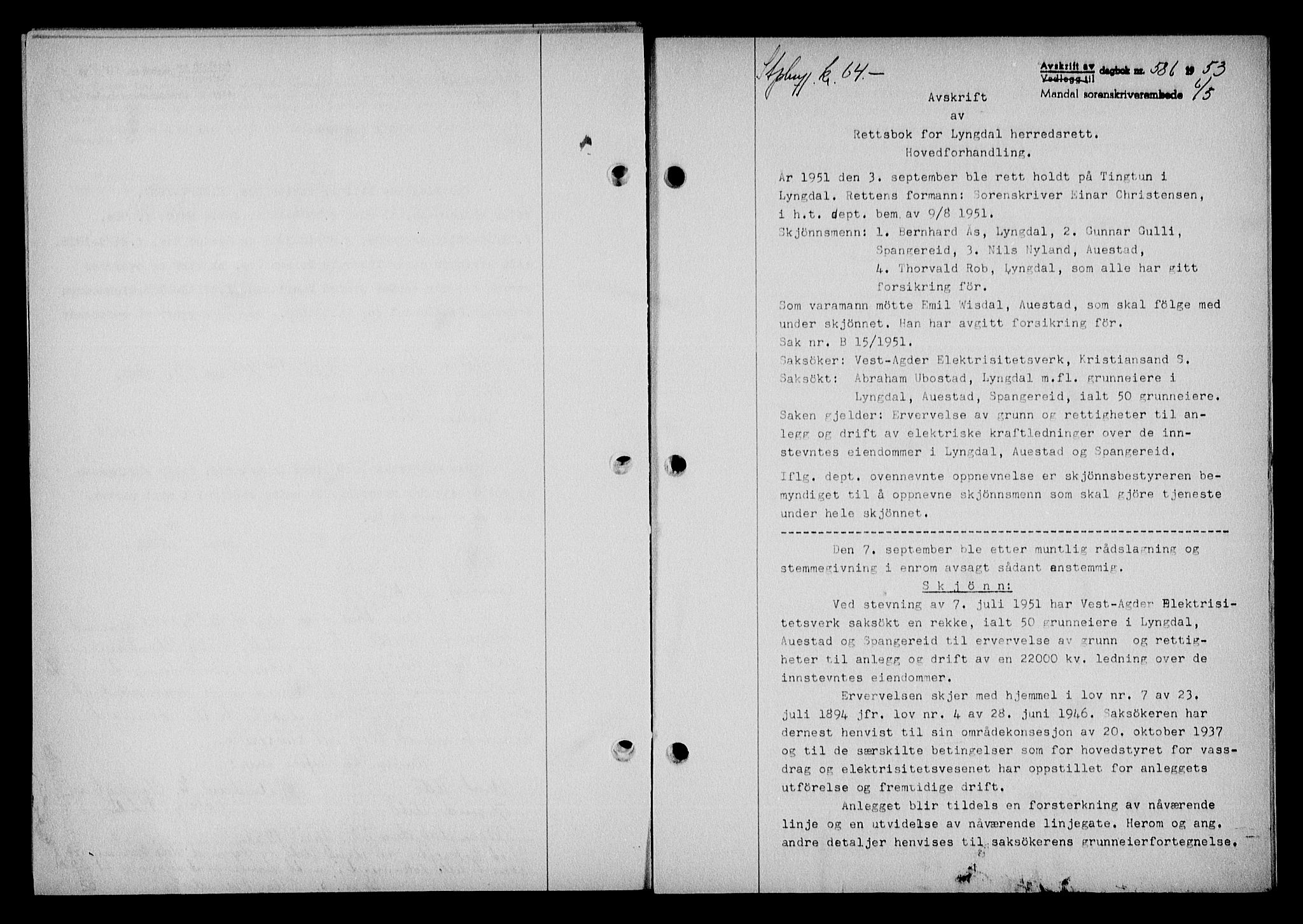 Mandal sorenskriveri, SAK/1221-0005/001/G/Gb/Gba/L0087: Mortgage book no. A-24, 1953-1953, Diary no: : 586/1953