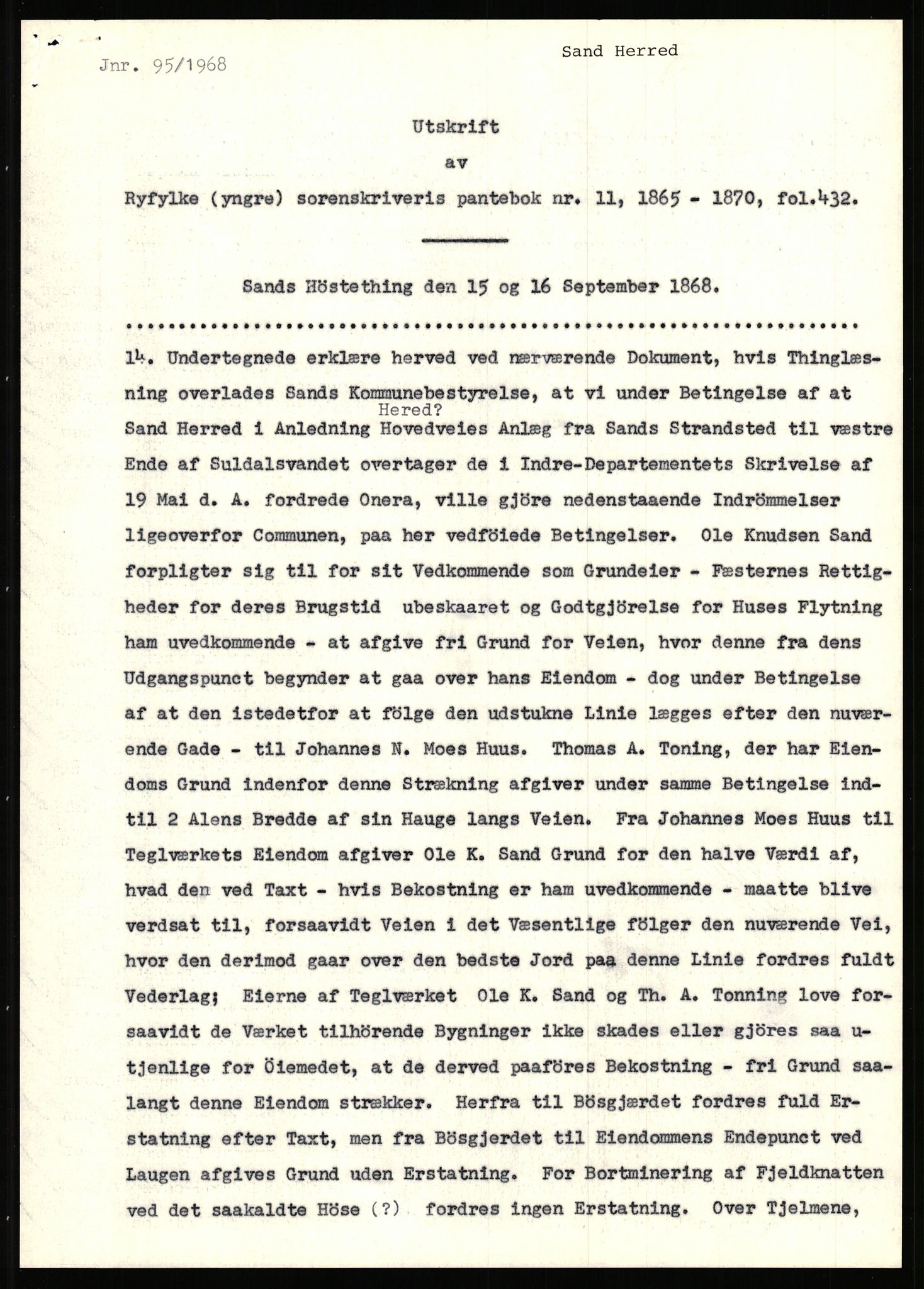 Statsarkivet i Stavanger, AV/SAST-A-101971/03/Y/Yj/L0072: Avskrifter sortert etter gårdsnavn: Sagbakken - Sandstøl indre, 1750-1930, p. 421