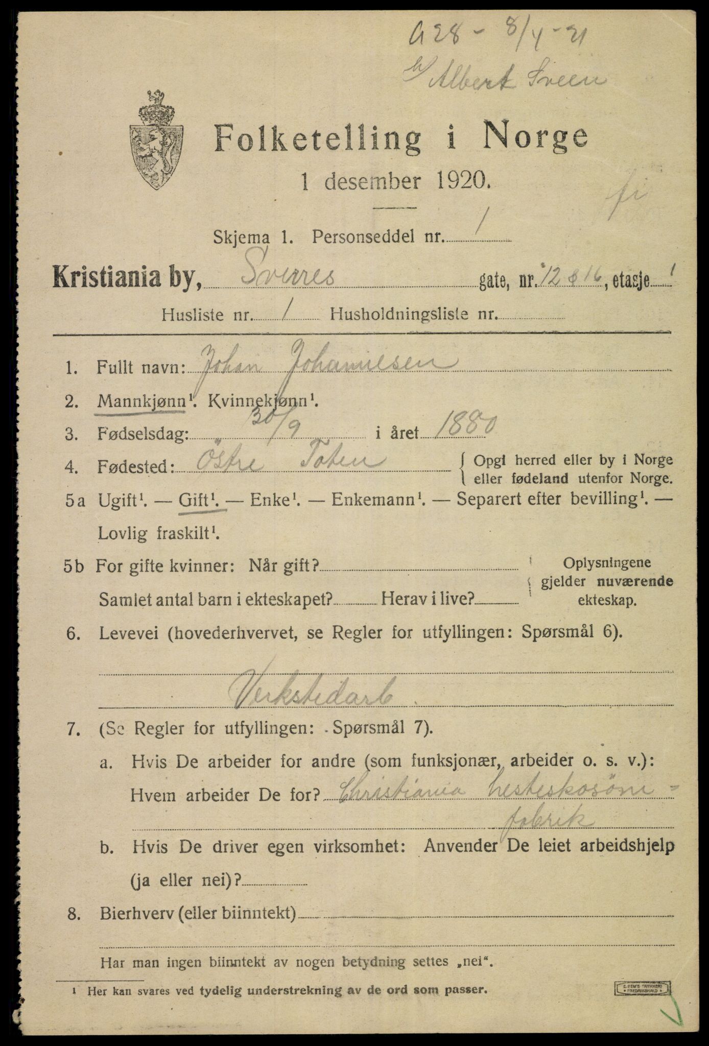 SAO, 1920 census for Kristiania, 1920, p. 559681