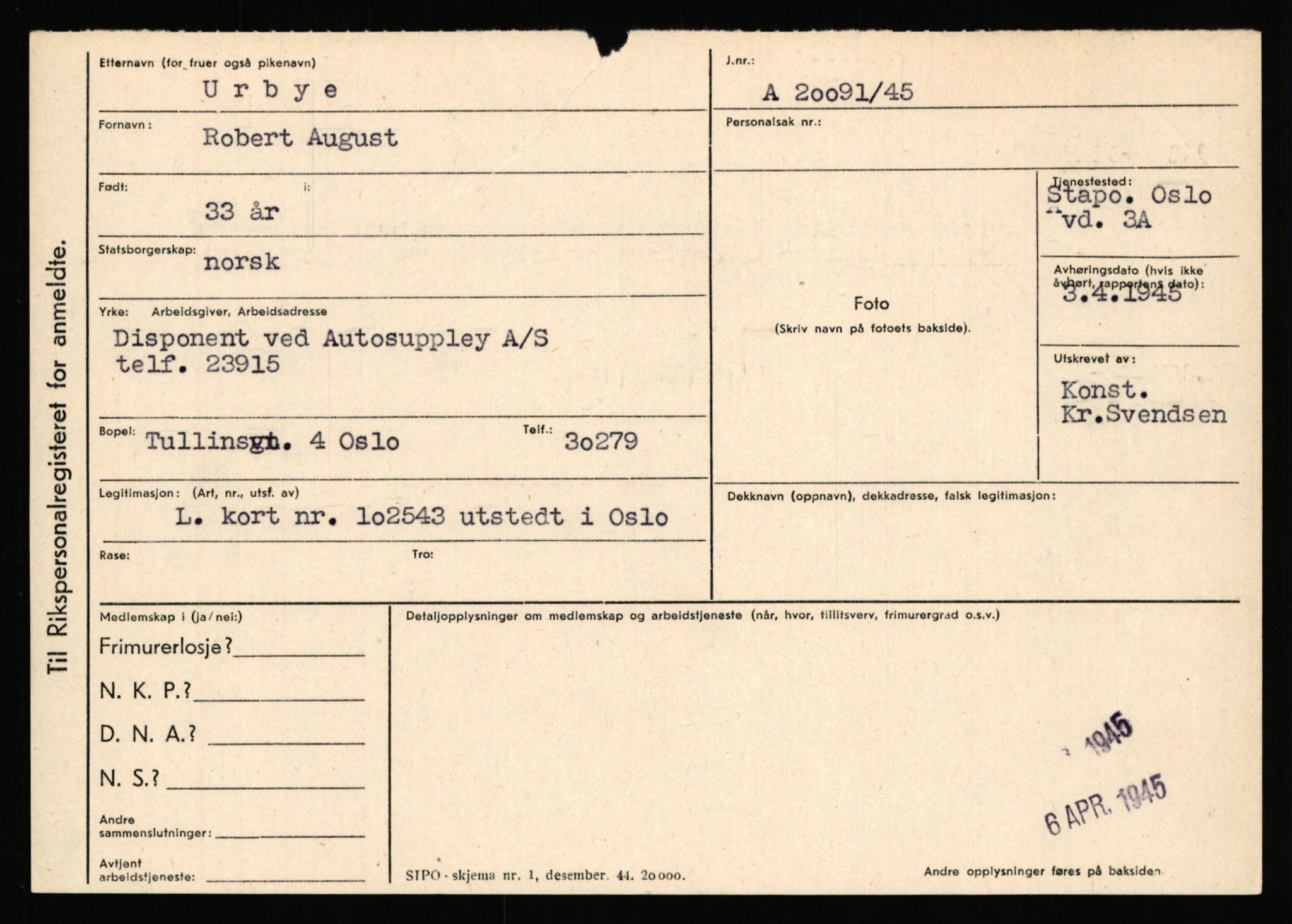 Statspolitiet - Hovedkontoret / Osloavdelingen, AV/RA-S-1329/C/Ca/L0016: Uberg - Øystese, 1943-1945, p. 295