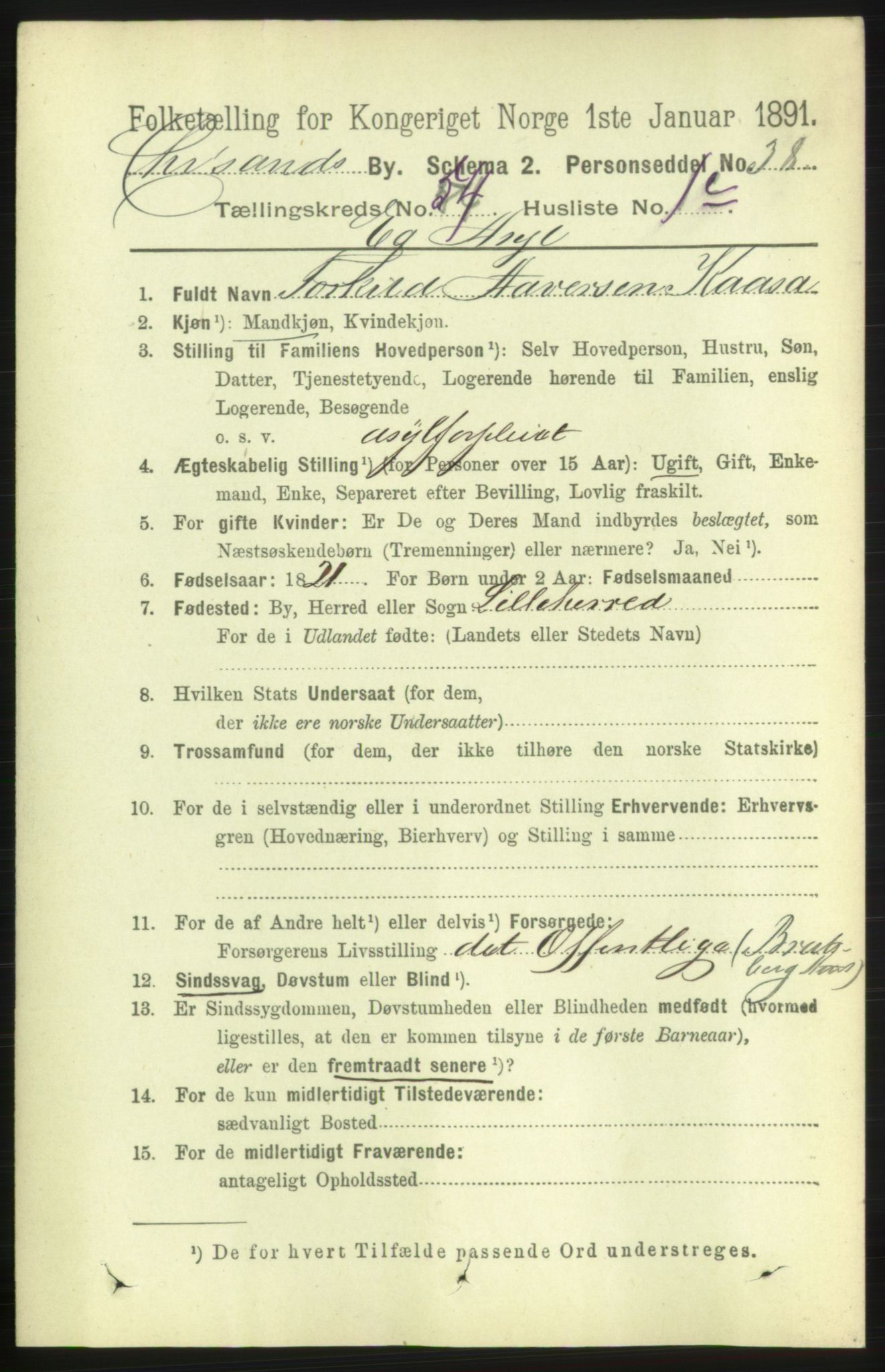 RA, 1891 census for 1001 Kristiansand, 1891, p. 15453