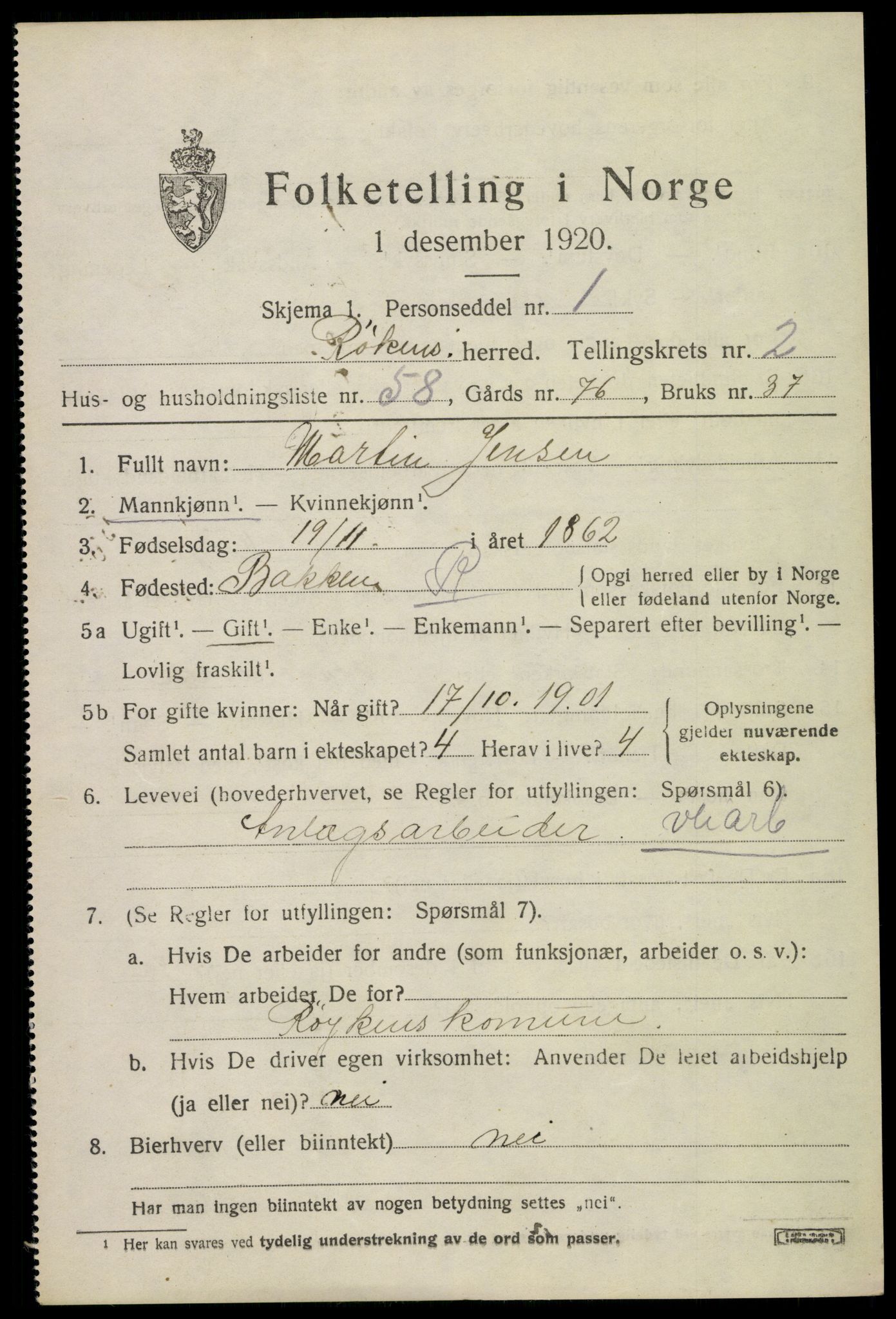 SAKO, 1920 census for Røyken, 1920, p. 3626