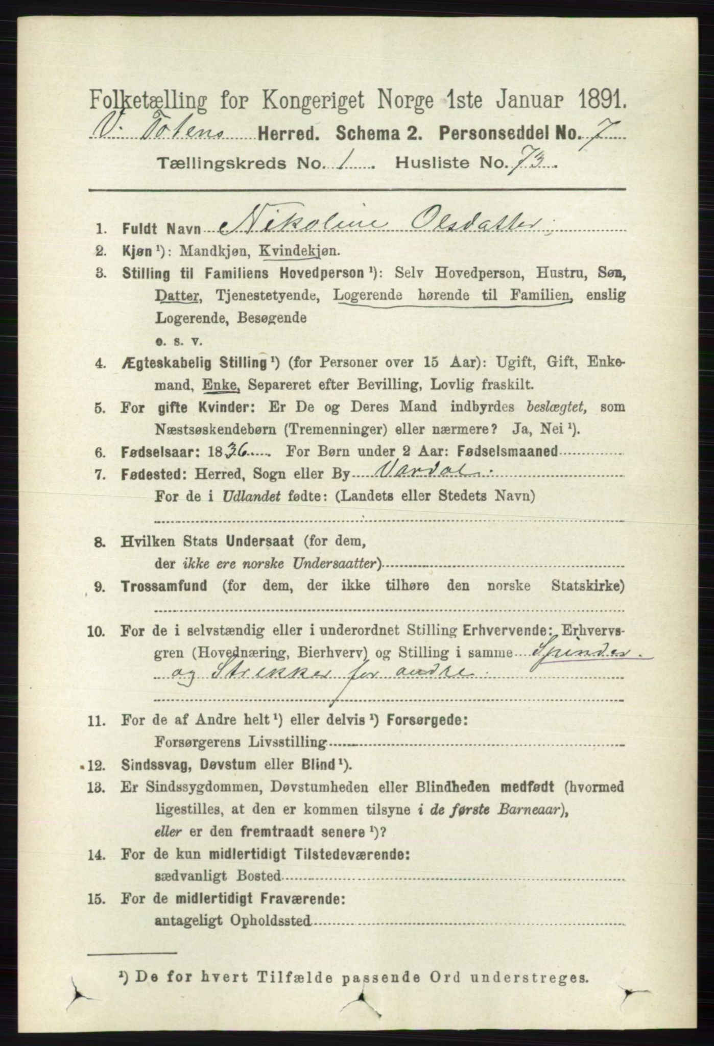 RA, 1891 census for 0529 Vestre Toten, 1891, p. 833