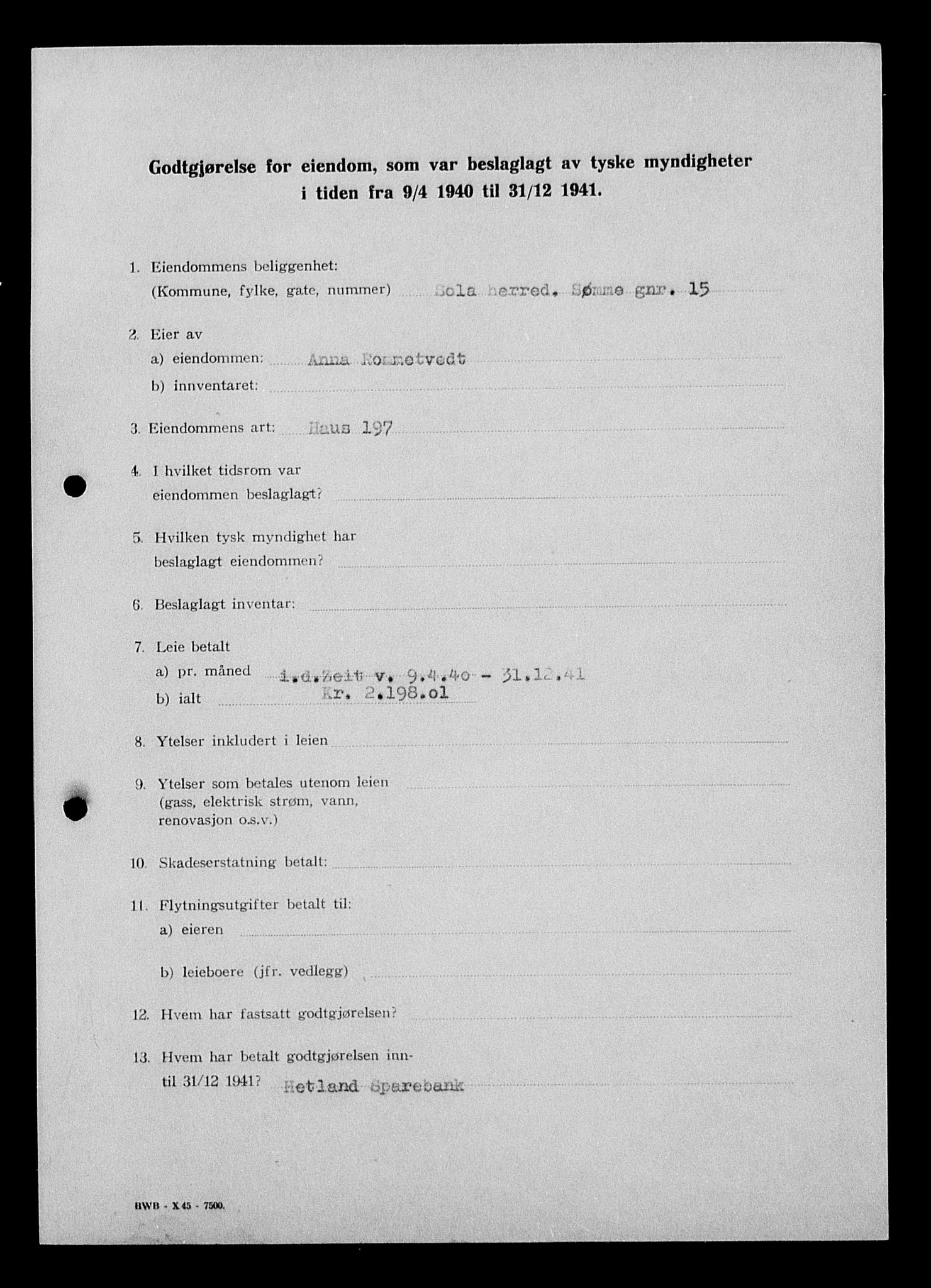Justisdepartementet, Tilbakeføringskontoret for inndratte formuer, AV/RA-S-1564/I/L1015: Godtgjørelse for beslaglagt eiendom, 1940-1941, p. 111