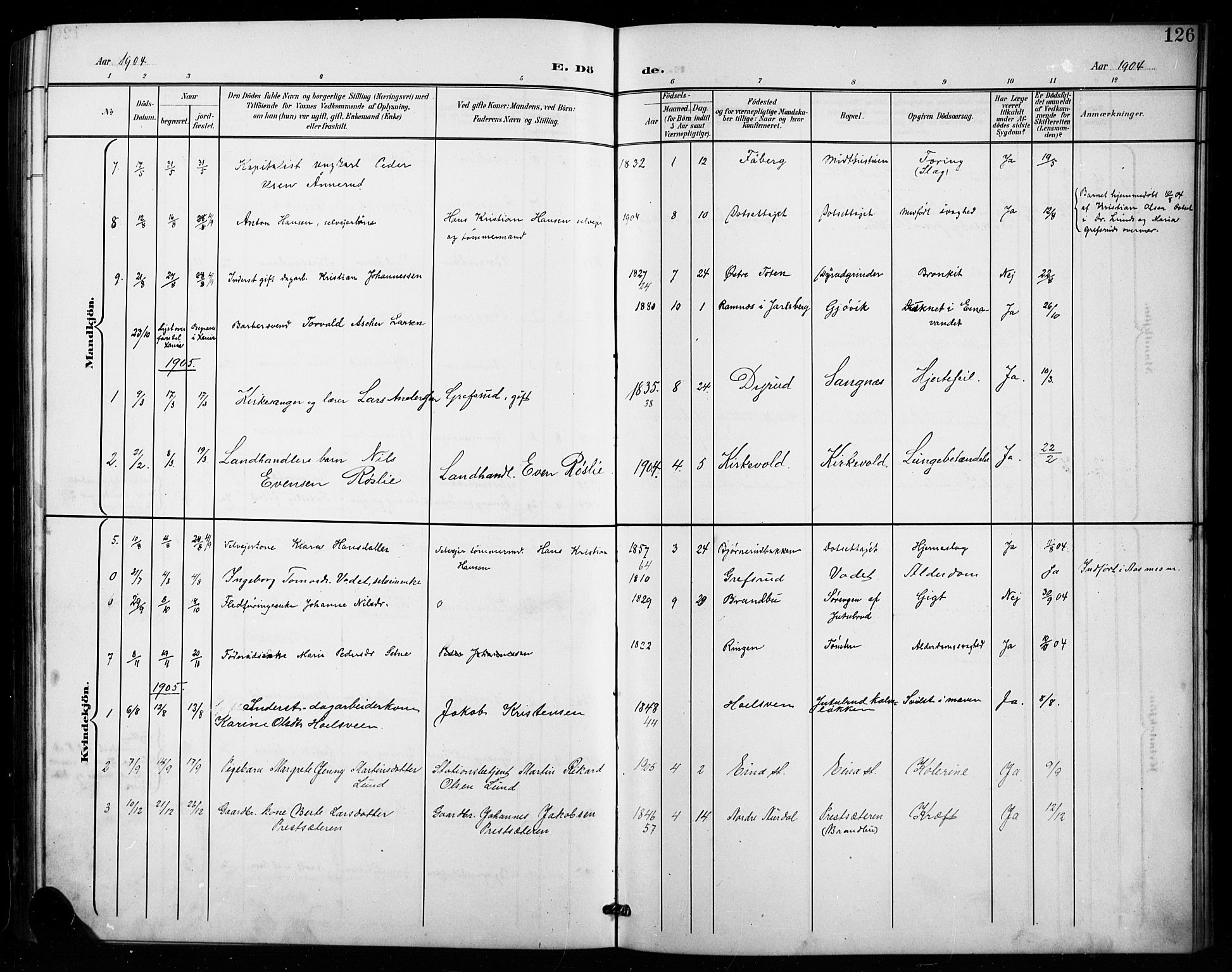 Vestre Toten prestekontor, SAH/PREST-108/H/Ha/Hab/L0016: Parish register (copy) no. 16, 1901-1915, p. 126