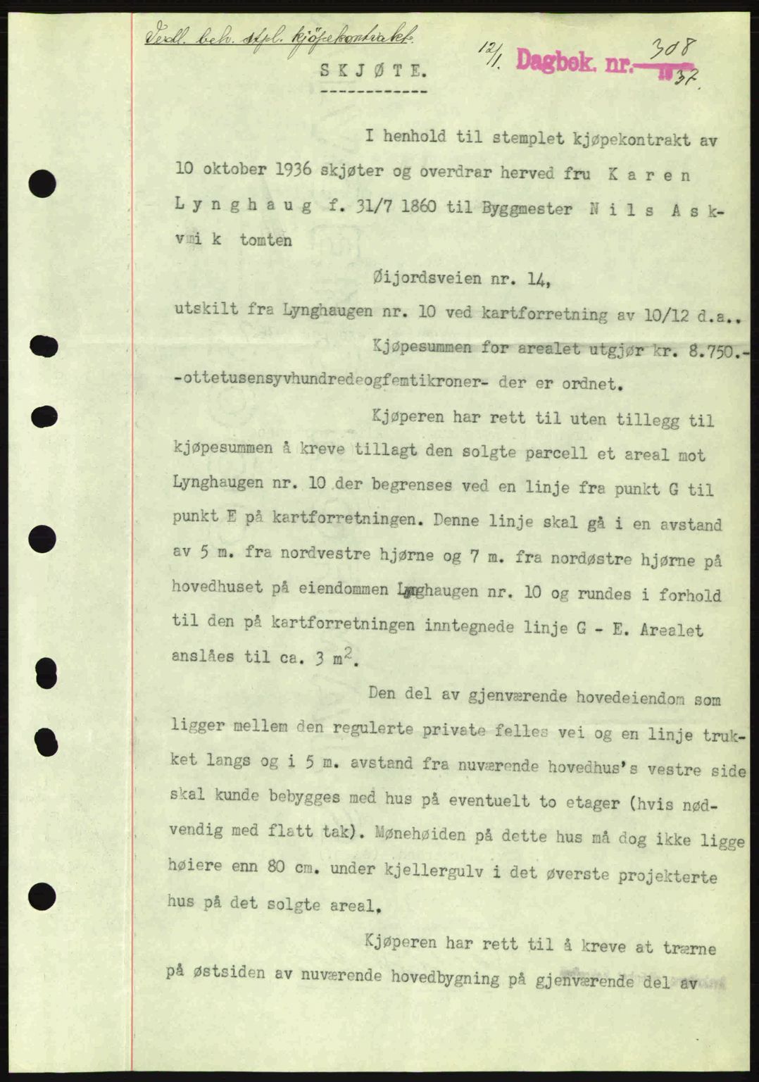 Byfogd og Byskriver i Bergen, SAB/A-3401/03/03Bc/L0004: Mortgage book no. A3-4, 1936-1937, Diary no: : 308/1937