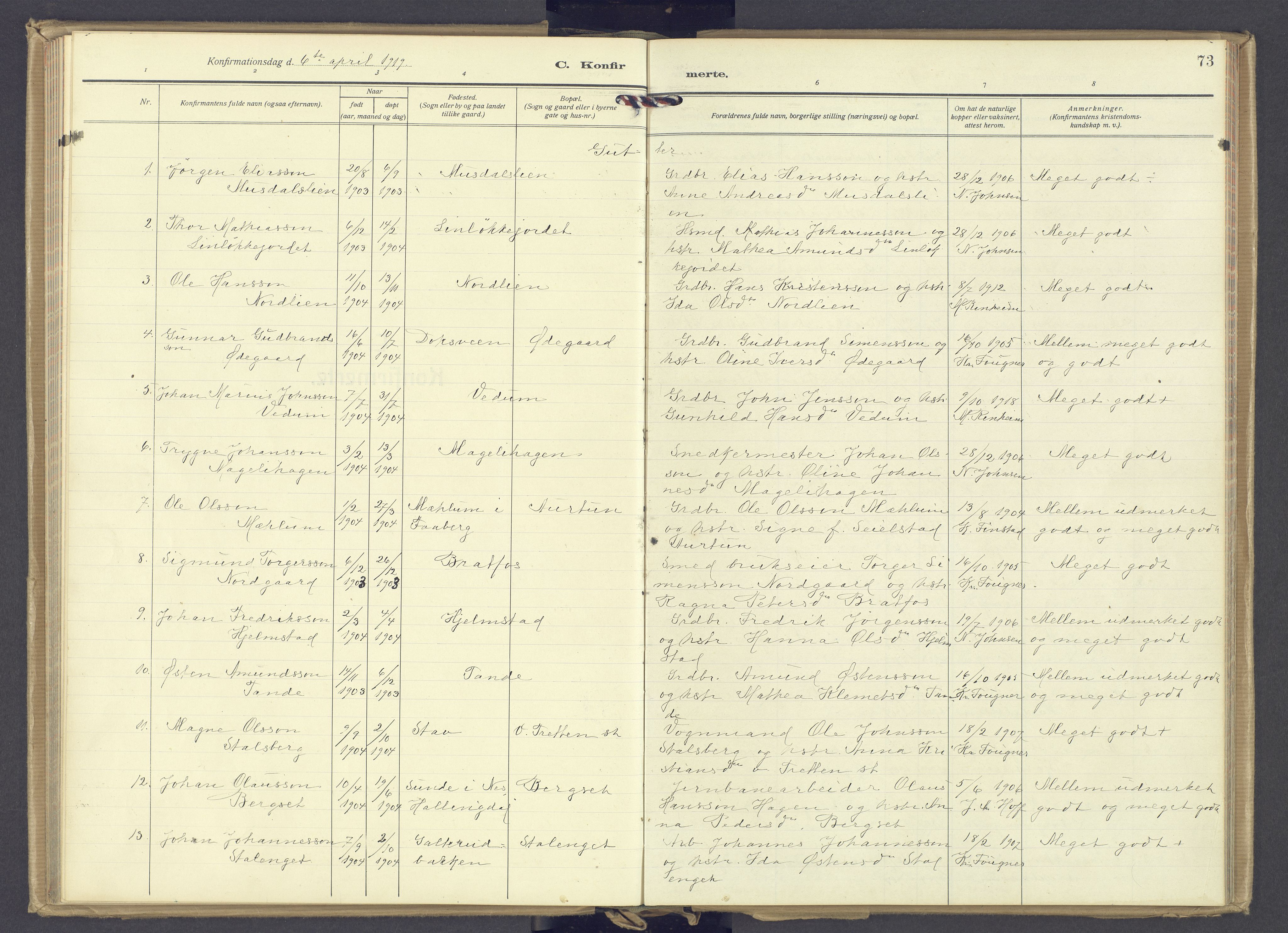 Øyer prestekontor, AV/SAH-PREST-084/H/Ha/Haa/L0014: Parish register (official) no. 14, 1919-1932, p. 73