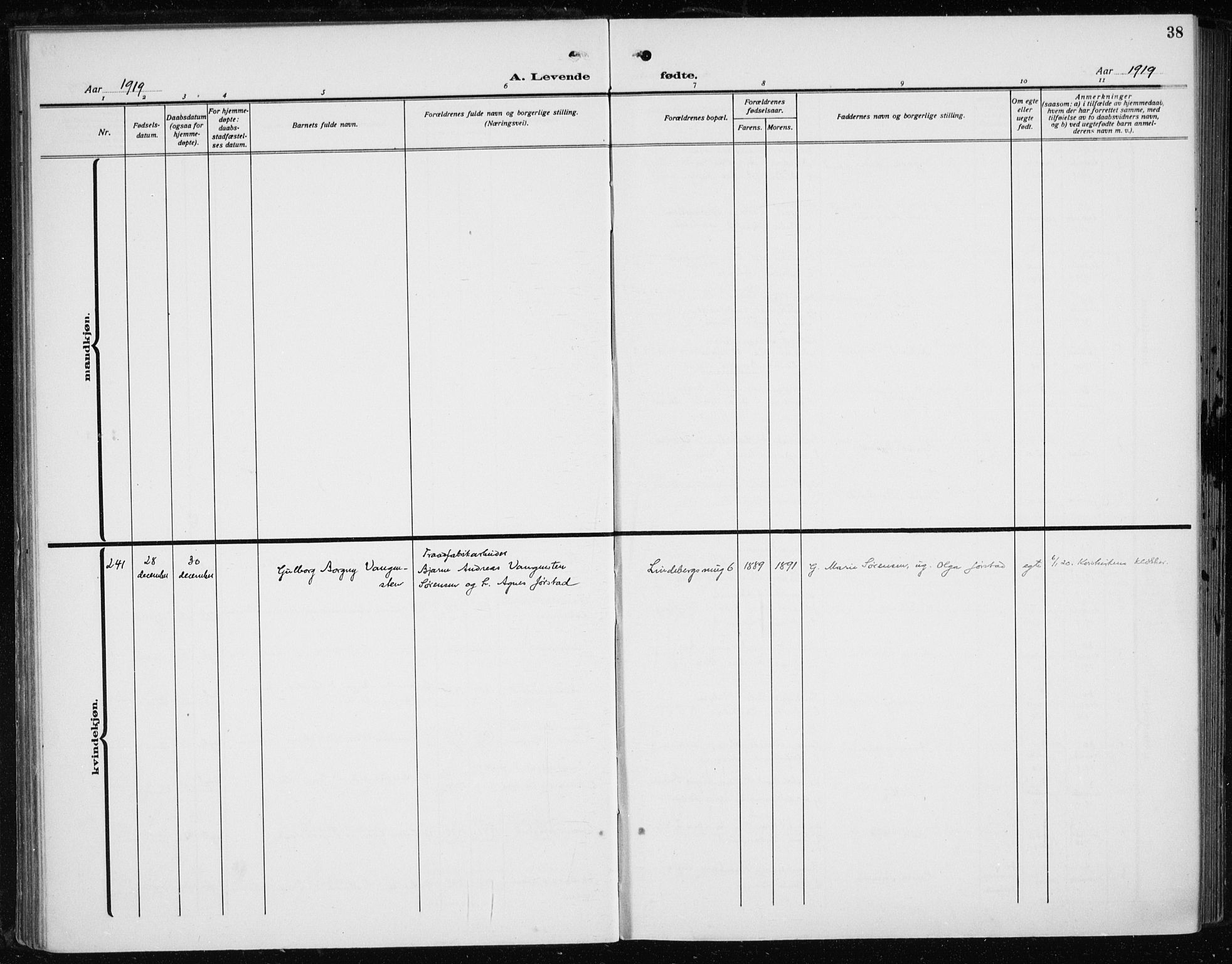Fødselsstiftelsens sokneprestembete*, SAB/-: Parish register (official) no. A 5, 1918-1926, p. 38