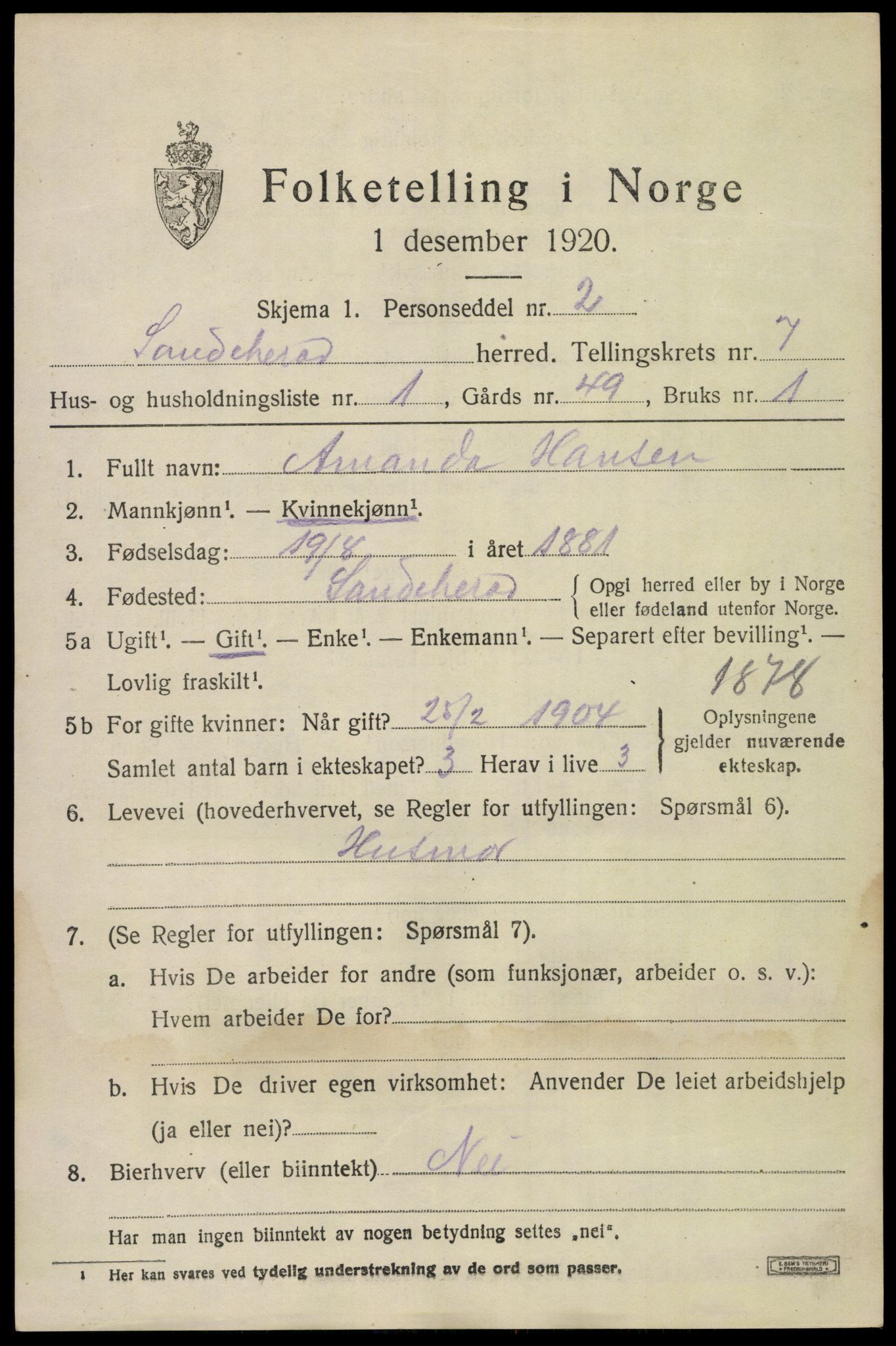SAKO, 1920 census for Sandeherred, 1920, p. 11916