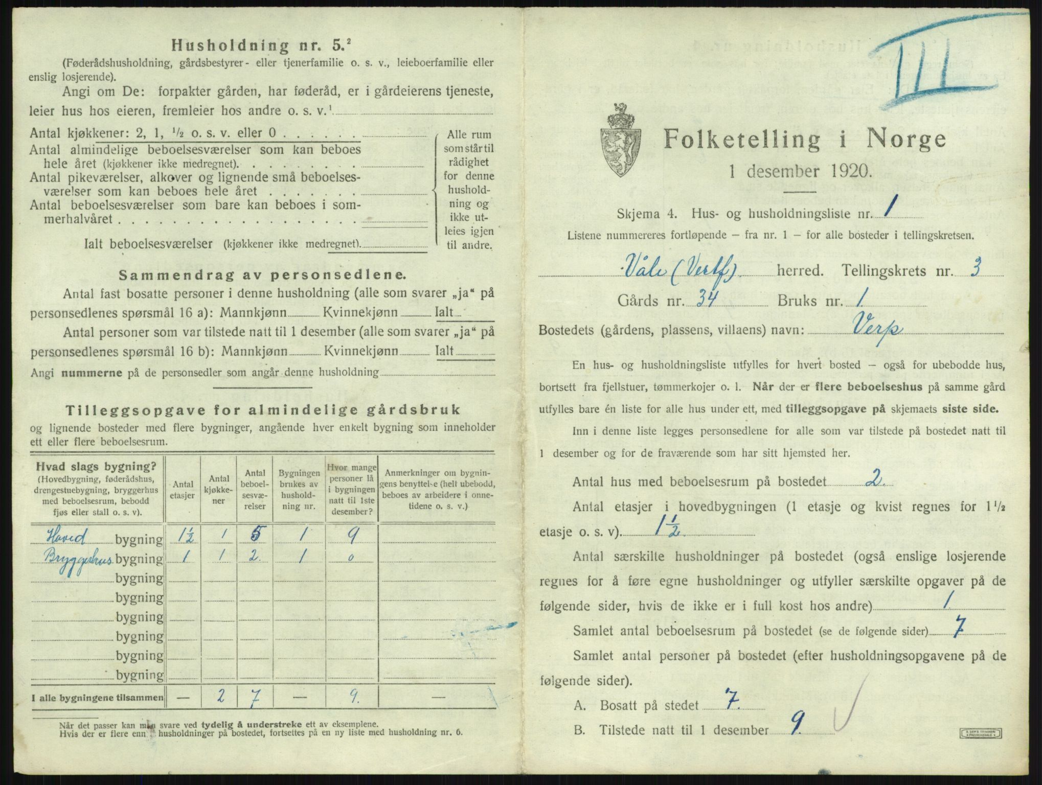 SAKO, 1920 census for Våle, 1920, p. 265