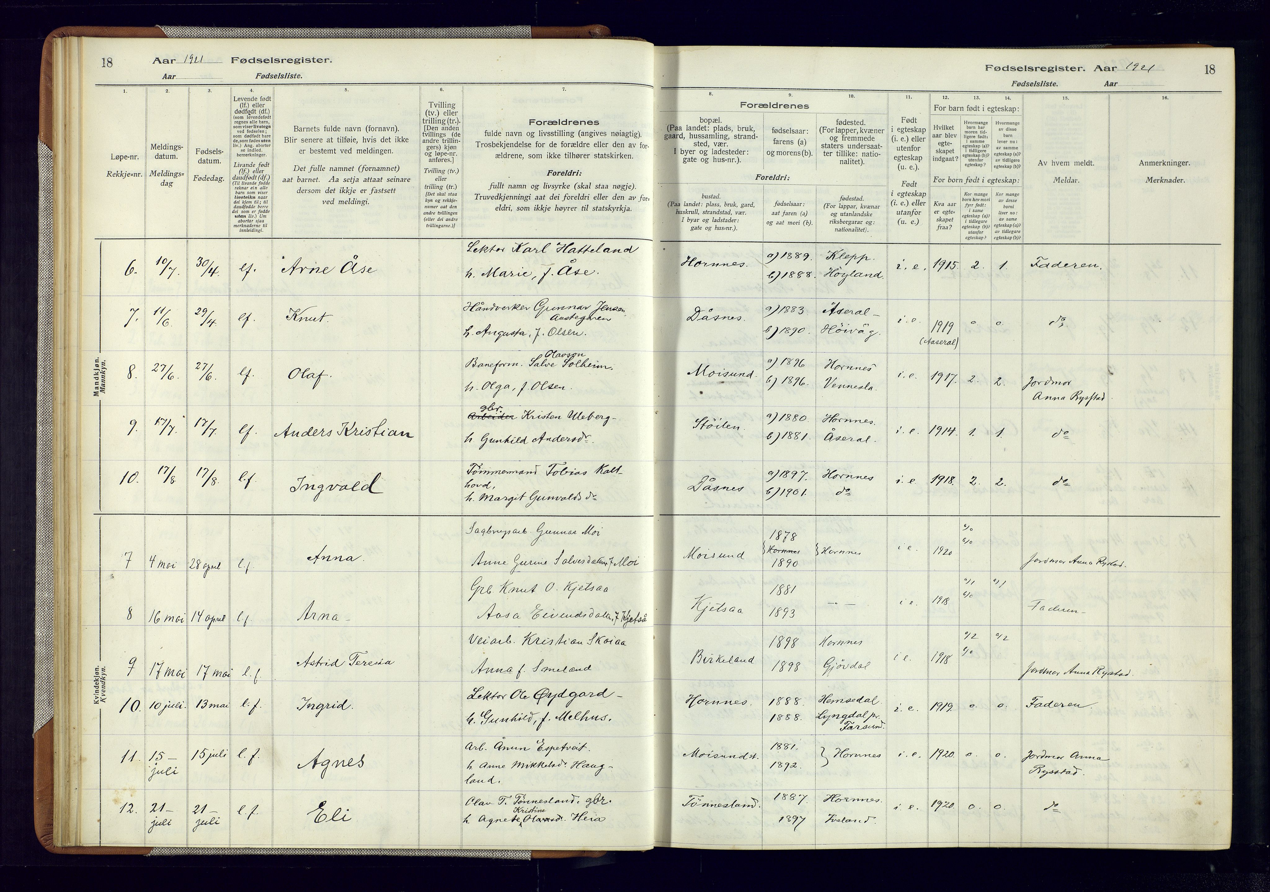 Evje sokneprestkontor, AV/SAK-1111-0008/J/Jc/L0006: Birth register no. 6, 1916-1982, p. 18