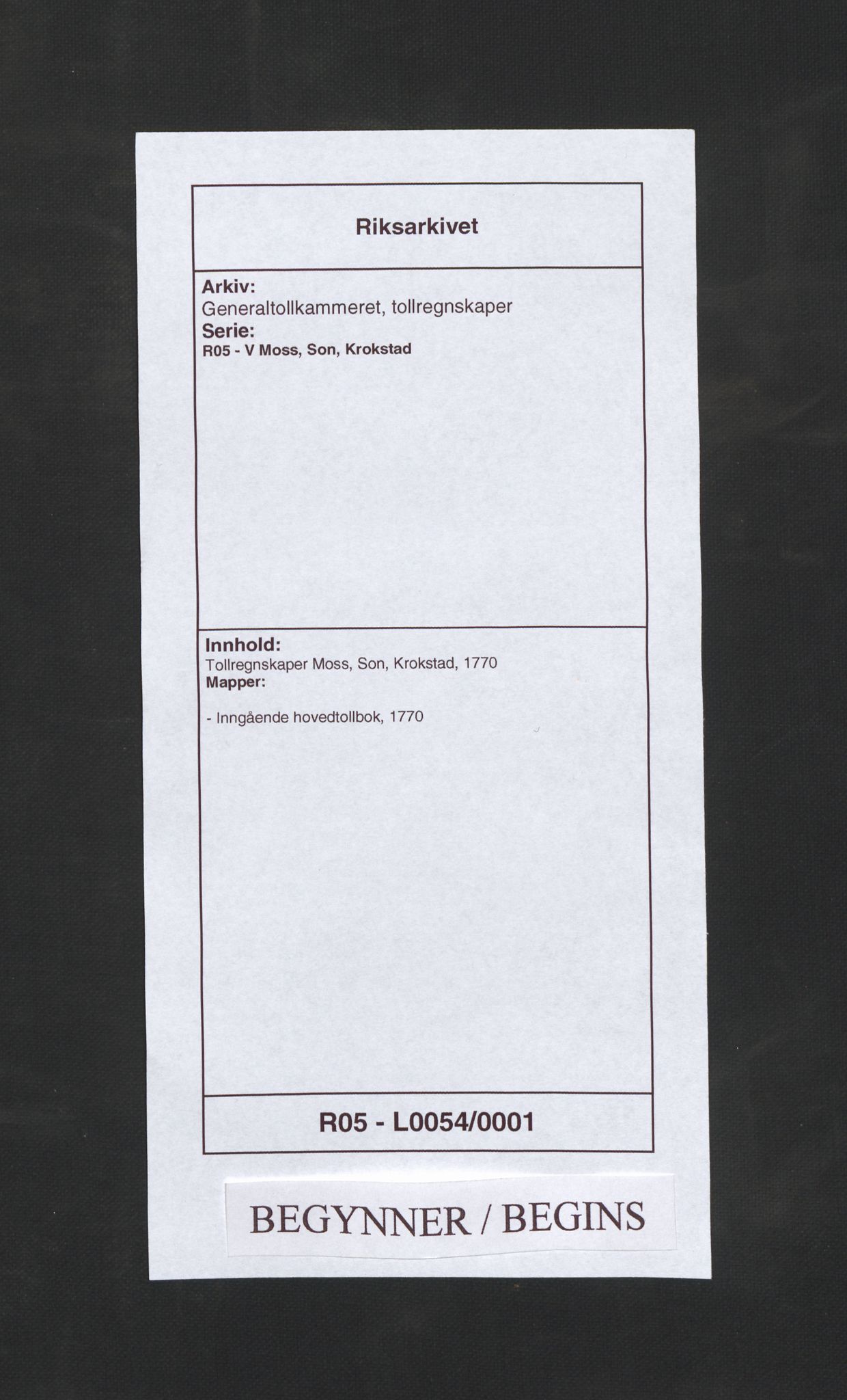 Generaltollkammeret, tollregnskaper, AV/RA-EA-5490/R05/L0054/0001: Tollregnskaper Moss, Son, Krokstad / Inngående hovedtollbok, 1770