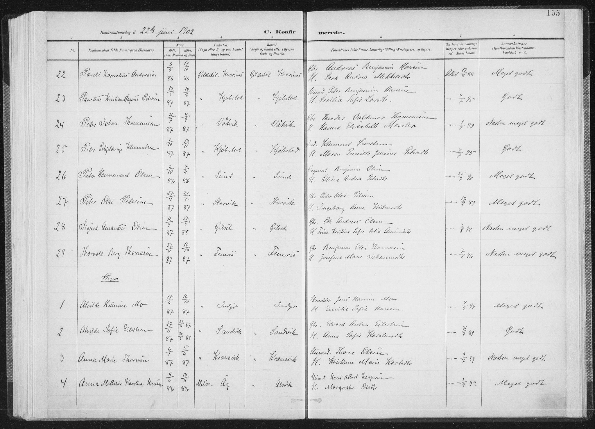 Ministerialprotokoller, klokkerbøker og fødselsregistre - Nordland, AV/SAT-A-1459/805/L0102: Parish register (official) no. 805A08I, 1900-1909, p. 155