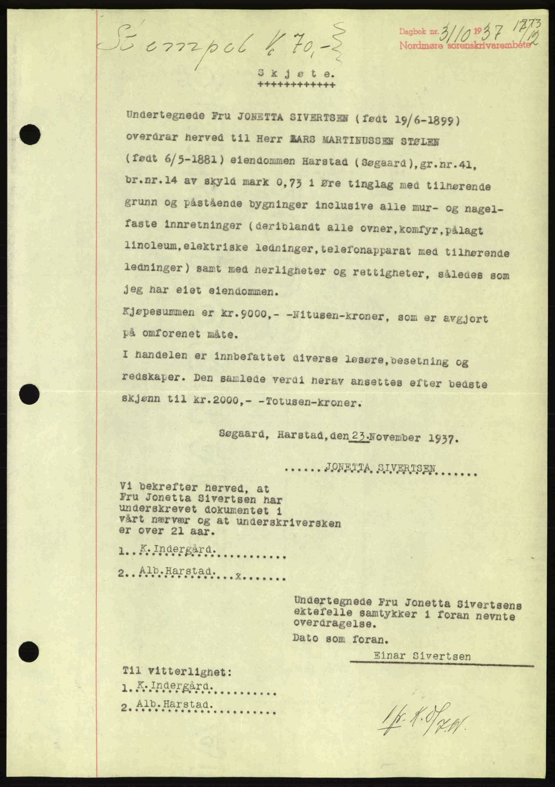 Nordmøre sorenskriveri, AV/SAT-A-4132/1/2/2Ca: Mortgage book no. A82, 1937-1938, Diary no: : 3110/1937