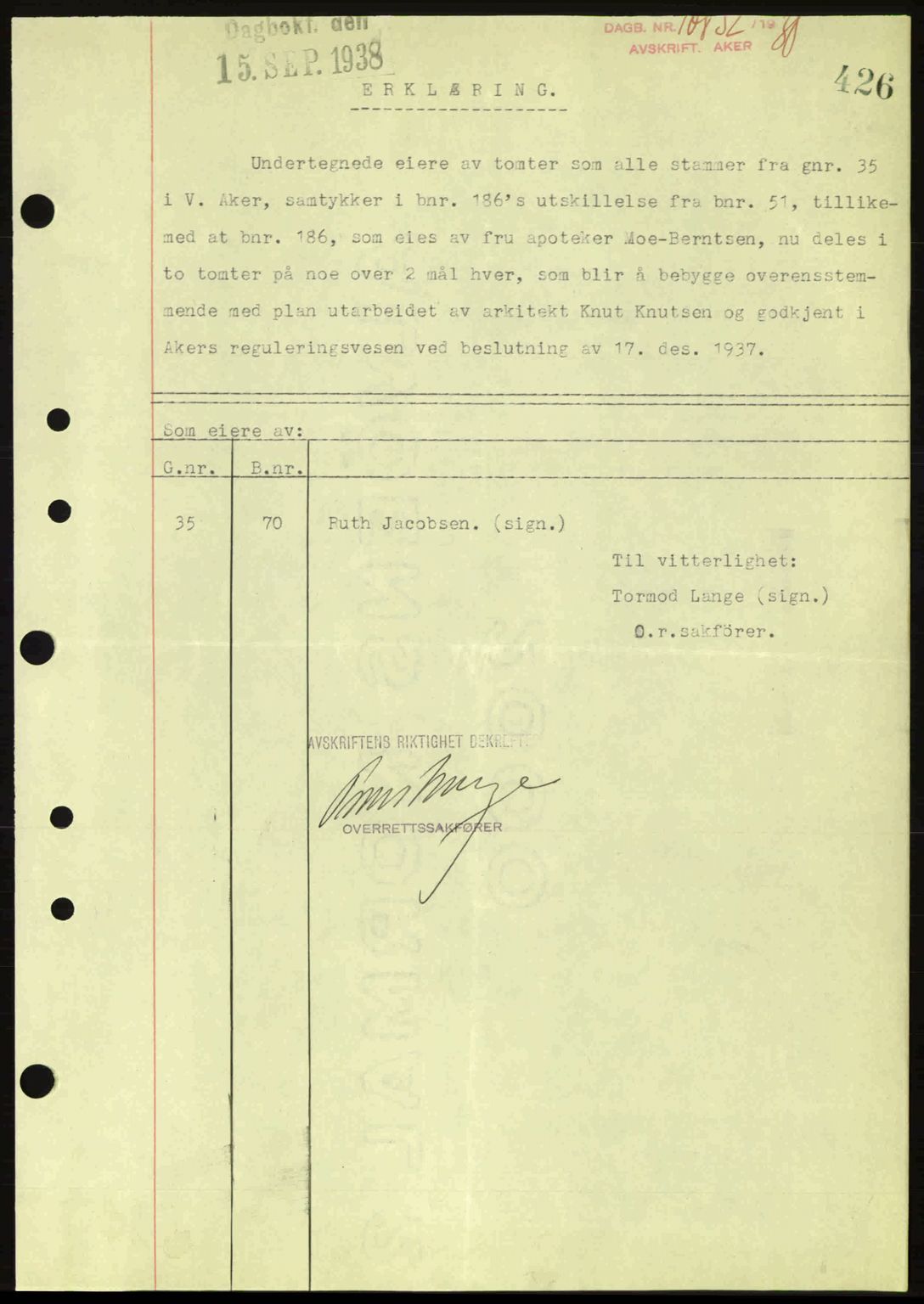 Aker herredsskriveri, SAO/A-10896/G/Gb/Gba/Gbab/L0025: Mortgage book no. A154-155, 1938-1938, Diary no: : 10832/1938