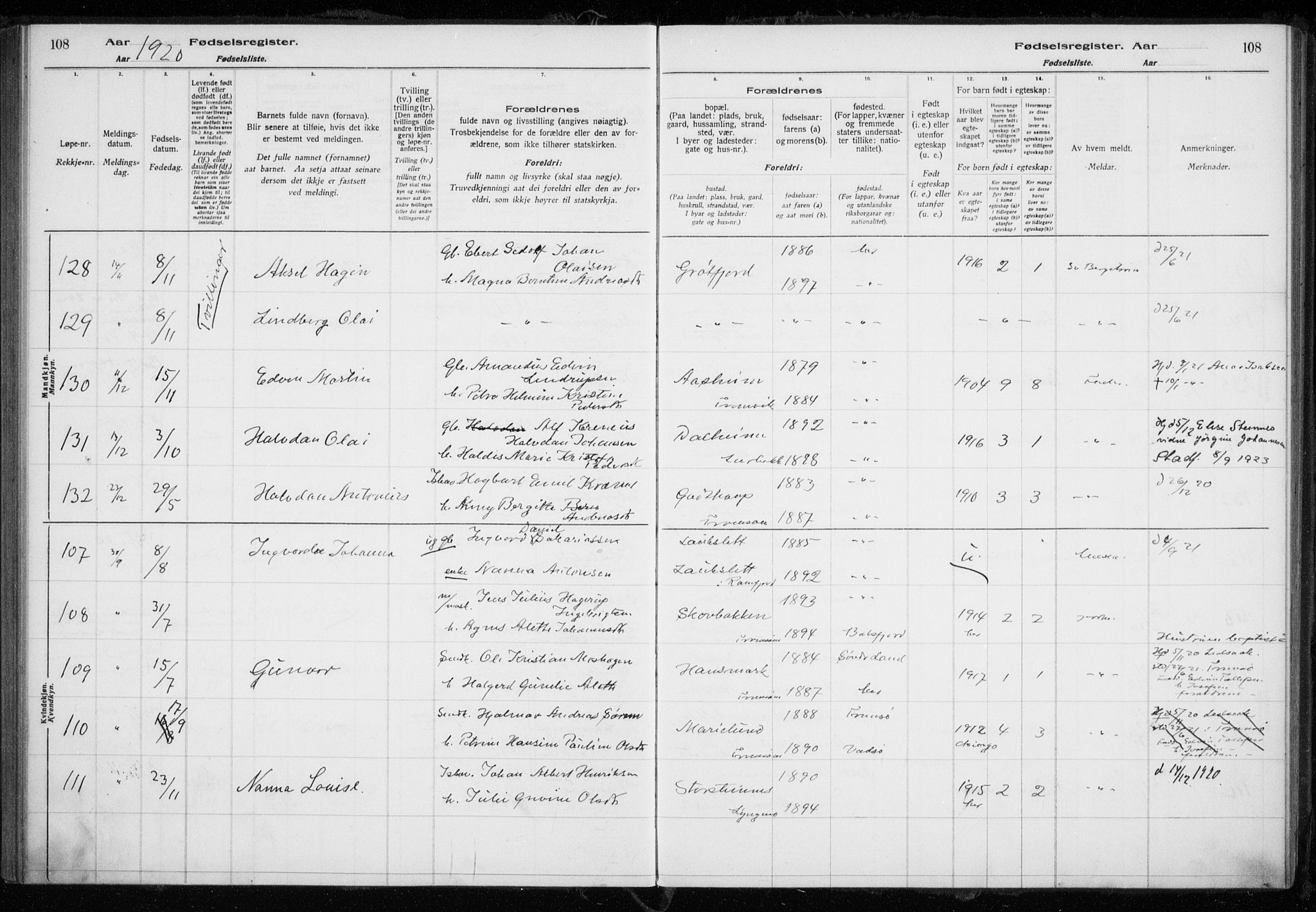 Tromsøysund sokneprestkontor, AV/SATØ-S-1304/H/Ha/L0079: Birth register no. 79, 1916-1924, p. 108