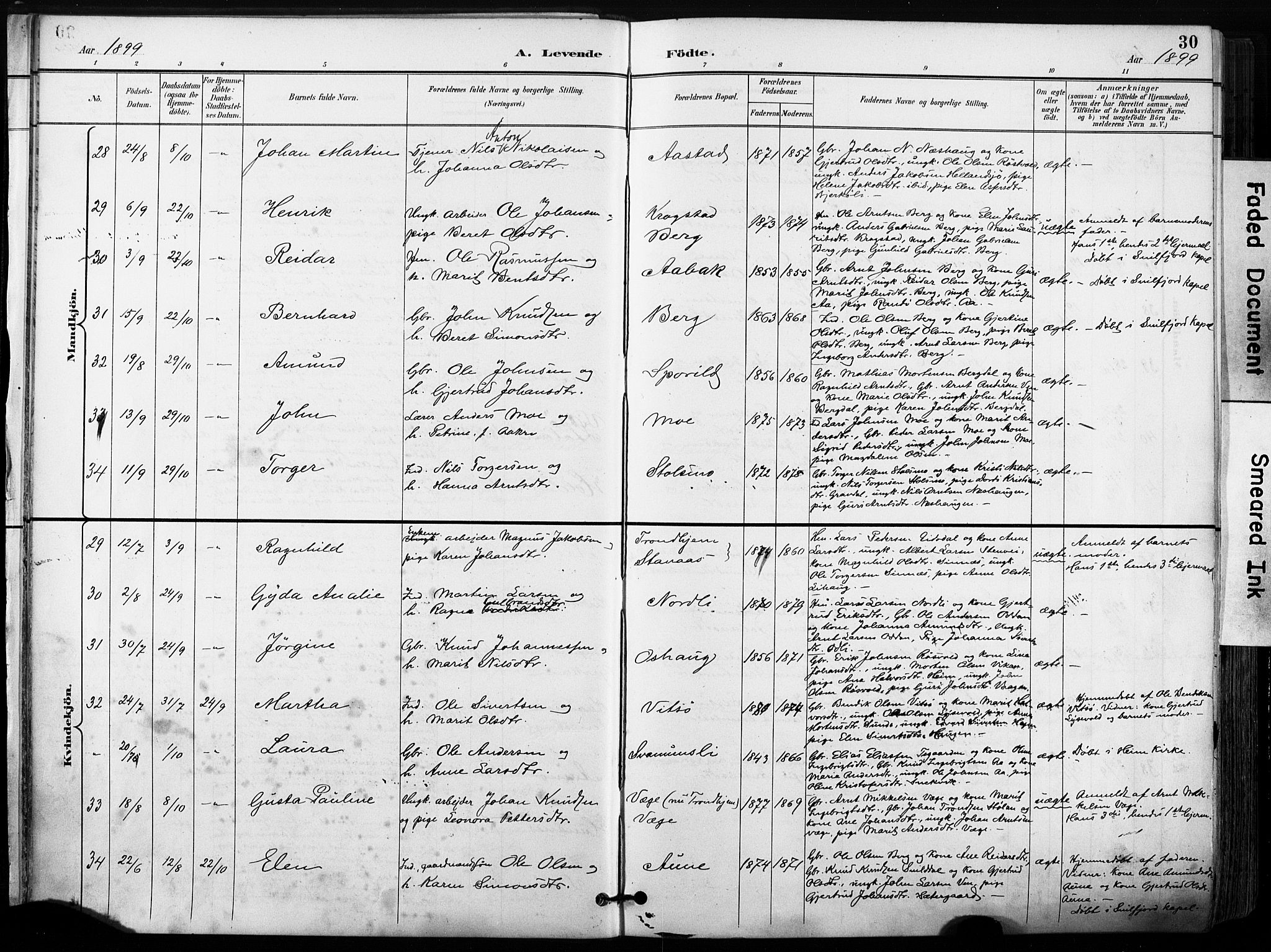 Ministerialprotokoller, klokkerbøker og fødselsregistre - Sør-Trøndelag, AV/SAT-A-1456/630/L0497: Parish register (official) no. 630A10, 1896-1910, p. 30