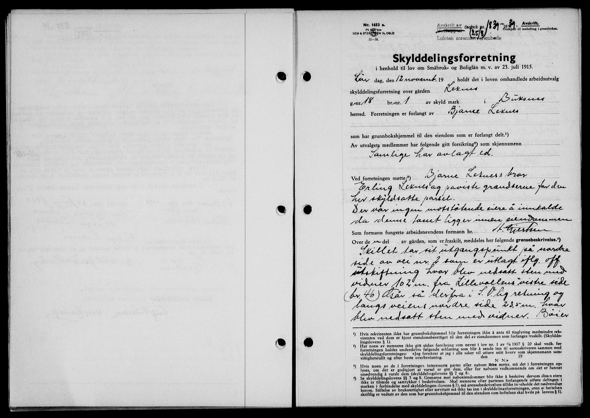 Lofoten sorenskriveri, SAT/A-0017/1/2/2C/L0006a: Mortgage book no. 6a, 1939-1939, Diary no: : 1839/1939