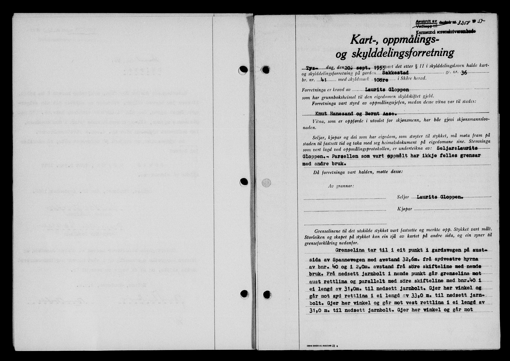 Karmsund sorenskriveri, SAST/A-100311/01/II/IIB/L0117: Mortgage book no. 97Aa, 1955-1955, Diary no: : 3258/1955