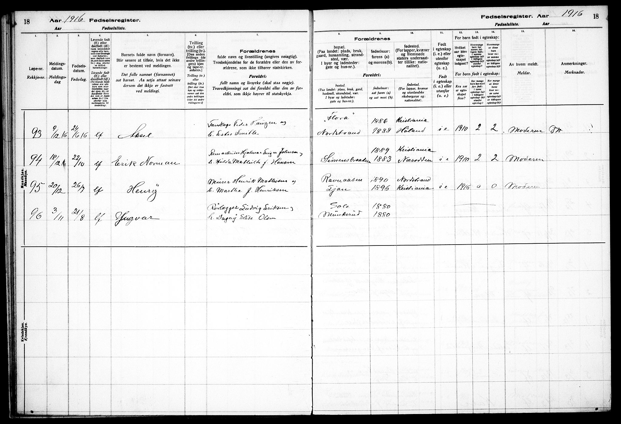 Nordstrand prestekontor Kirkebøker, AV/SAO-A-10362a/J/Ja/L0001: Birth register no. I 1, 1916-1924, p. 18