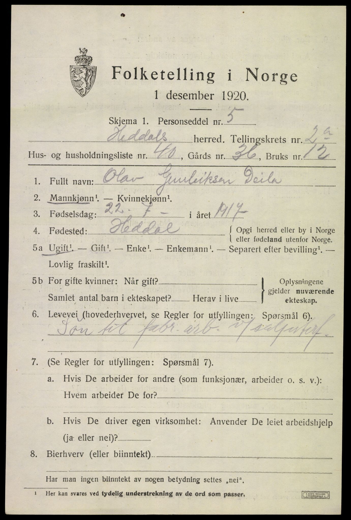 SAKO, 1920 census for Heddal, 1920, p. 2398