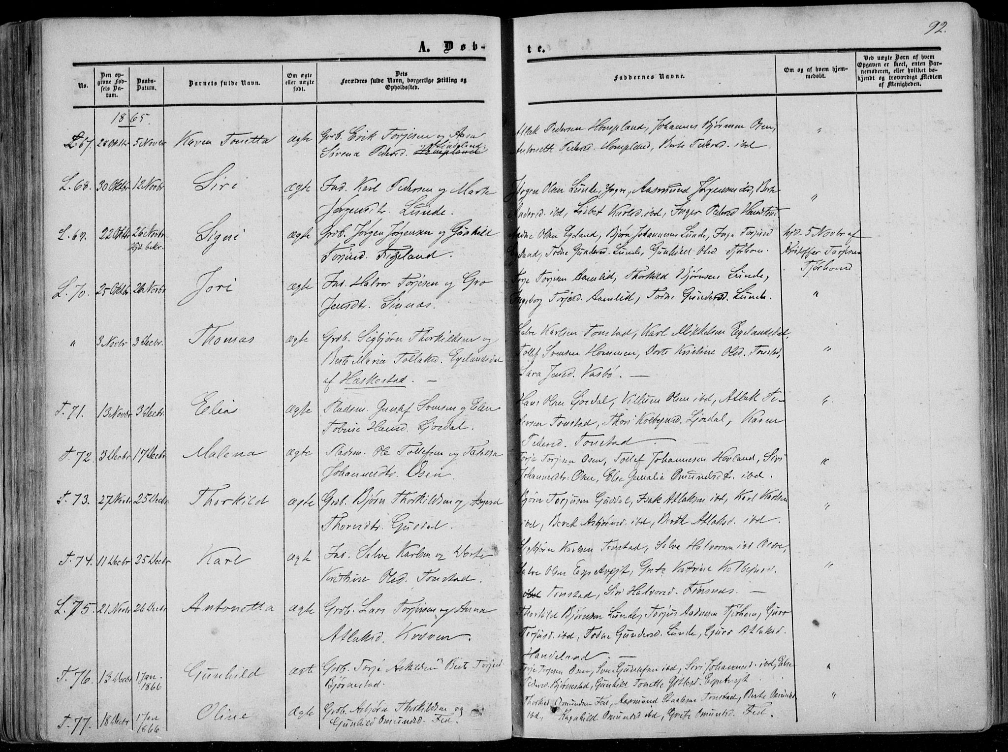 Sirdal sokneprestkontor, SAK/1111-0036/F/Fa/Fab/L0002: Parish register (official) no. A 2, 1855-1874, p. 92