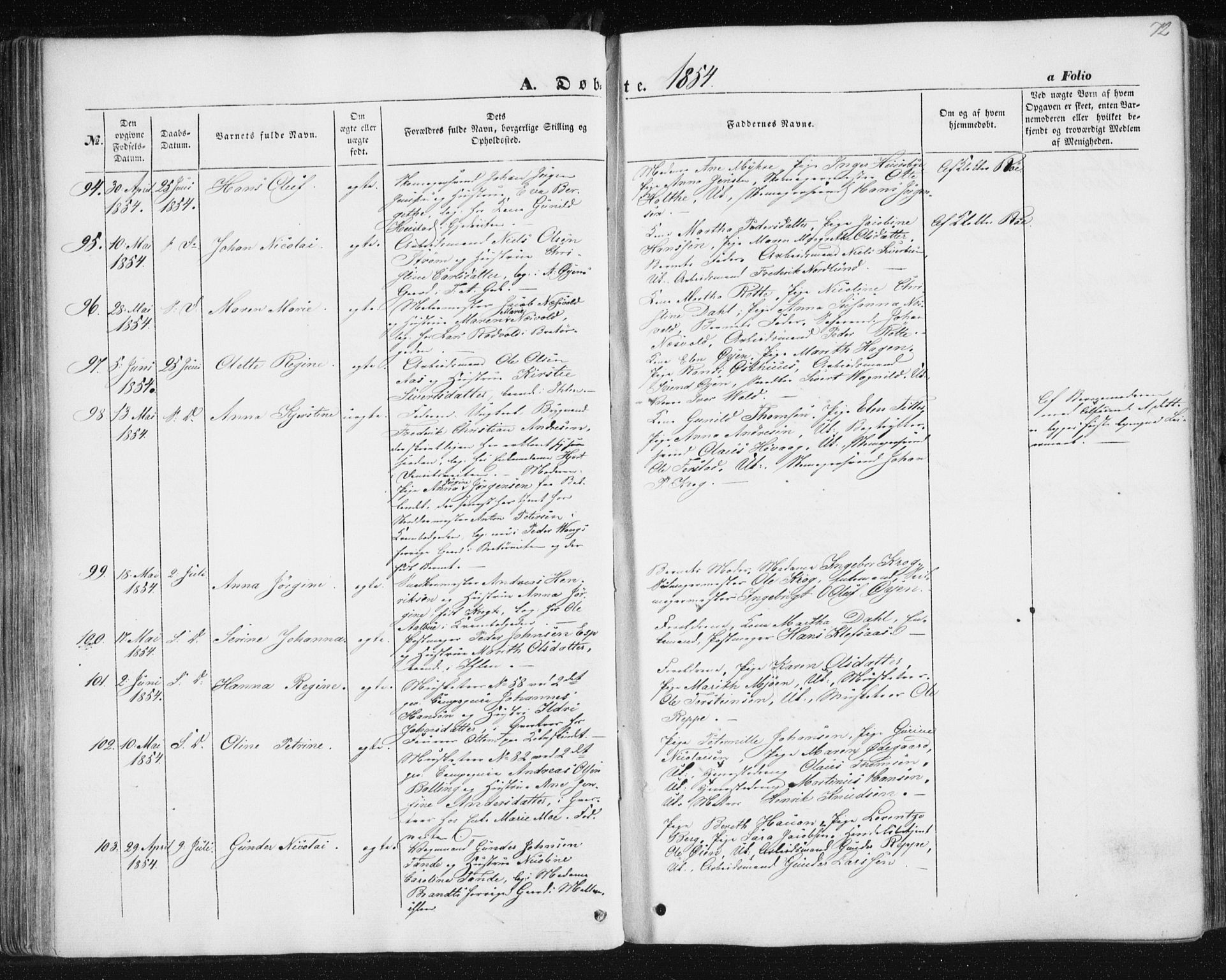 Ministerialprotokoller, klokkerbøker og fødselsregistre - Sør-Trøndelag, SAT/A-1456/602/L0112: Parish register (official) no. 602A10, 1848-1859, p. 72