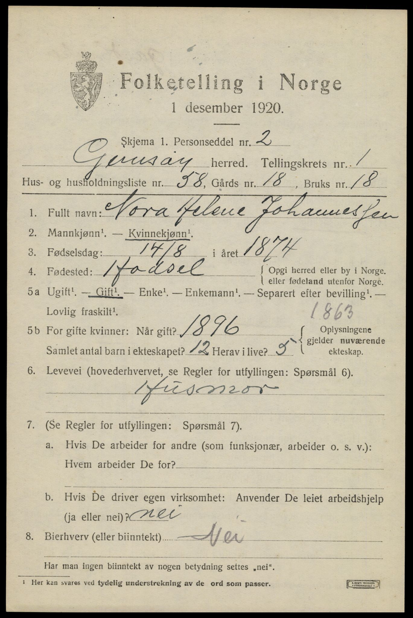 SAT, 1920 census for Gimsøy, 1920, p. 1213