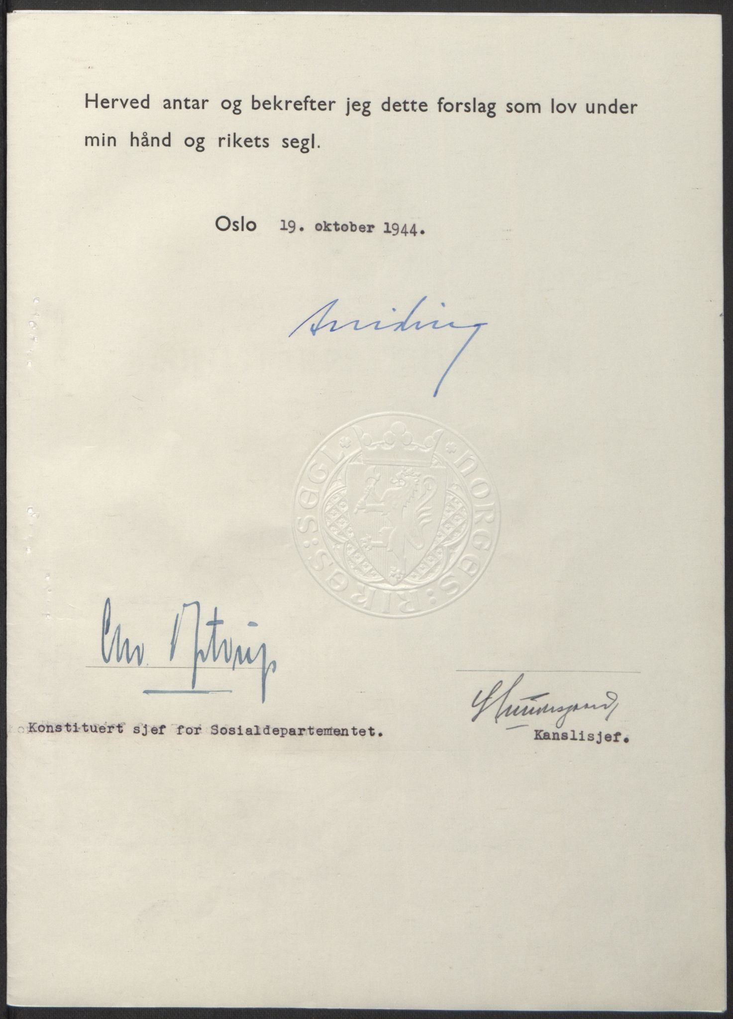 NS-administrasjonen 1940-1945 (Statsrådsekretariatet, de kommisariske statsråder mm), AV/RA-S-4279/D/Db/L0100: Lover, 1944, p. 520