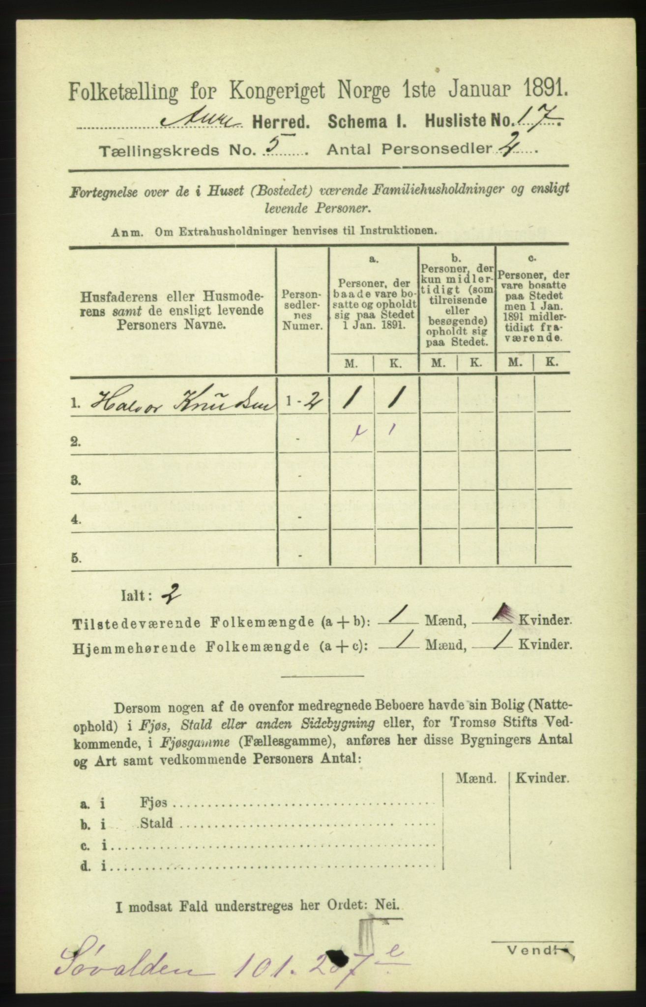 RA, 1891 census for 1569 Aure, 1891, p. 2629