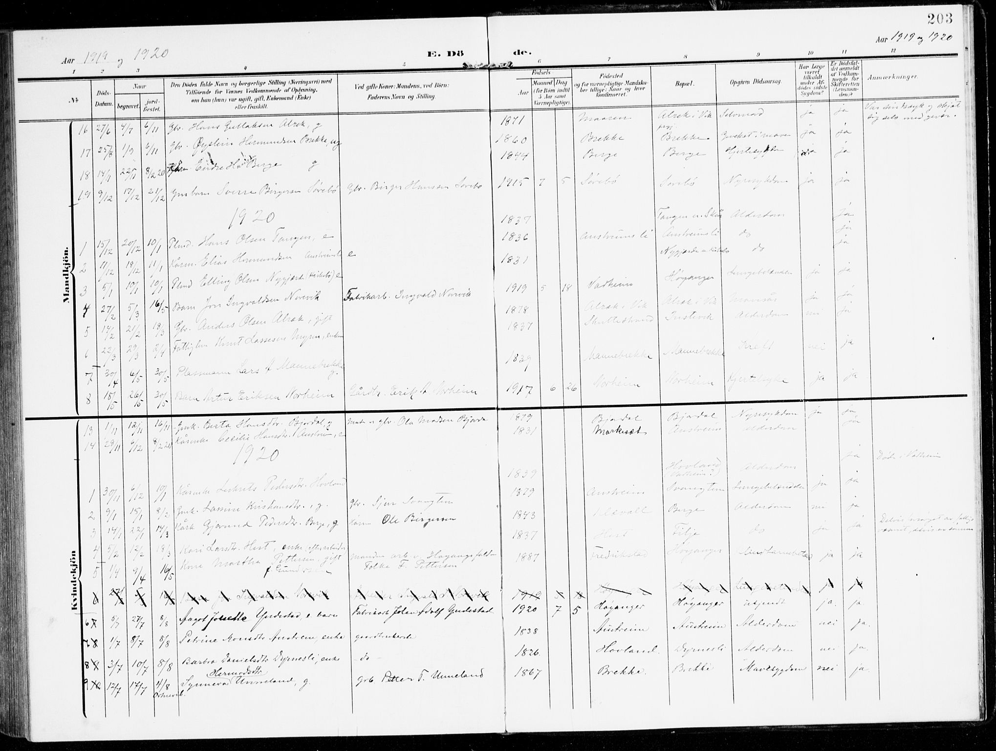 Lavik sokneprestembete, SAB/A-80901: Parish register (official) no. C 2, 1904-1921, p. 203