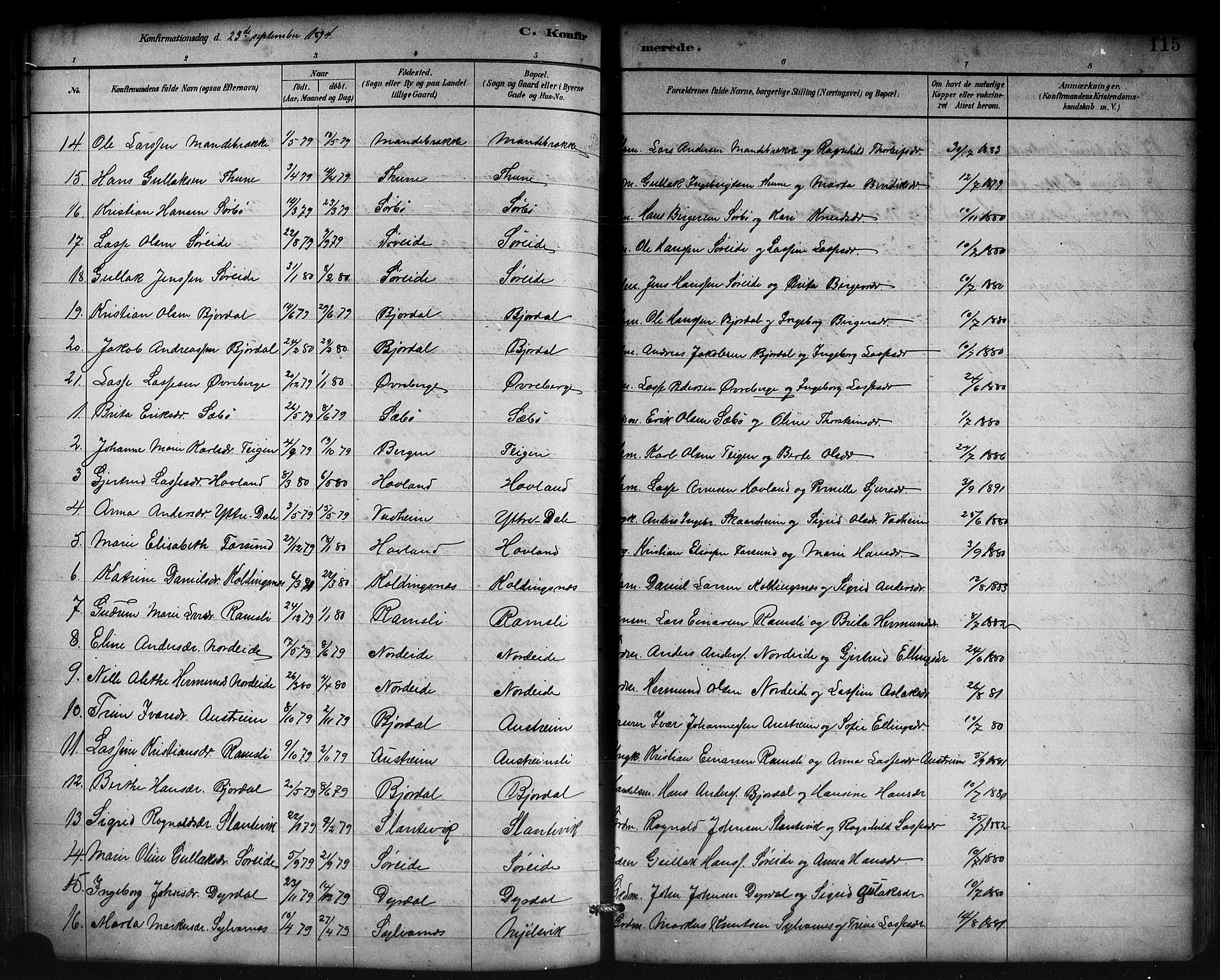 Lavik sokneprestembete, AV/SAB-A-80901: Parish register (copy) no. B 3, 1882-1913, p. 115