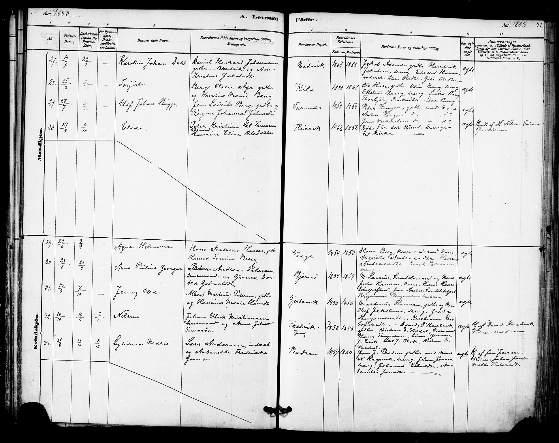 Ministerialprotokoller, klokkerbøker og fødselsregistre - Nordland, AV/SAT-A-1459/841/L0609: Parish register (official) no. 841A12, 1878-1901, p. 44