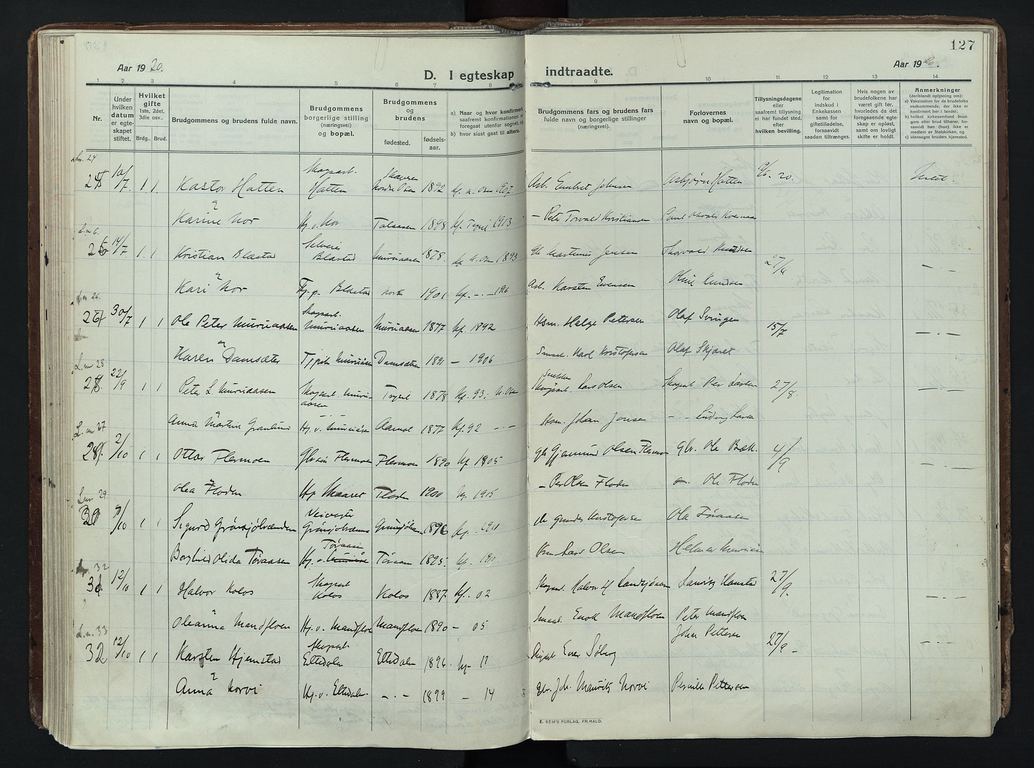 Trysil prestekontor, AV/SAH-PREST-046/H/Ha/Haa/L0014: Parish register (official) no. 14, 1912-1923, p. 127