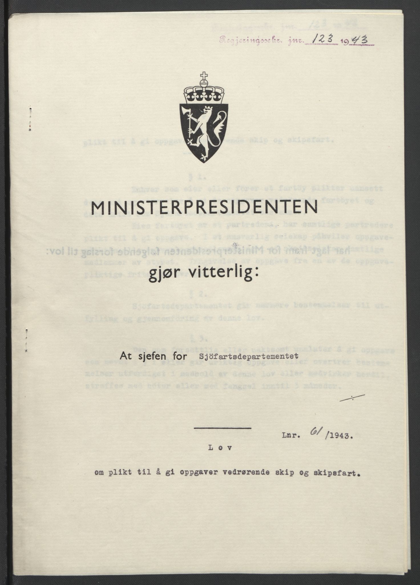 NS-administrasjonen 1940-1945 (Statsrådsekretariatet, de kommisariske statsråder mm), RA/S-4279/D/Db/L0099: Lover, 1943, p. 275