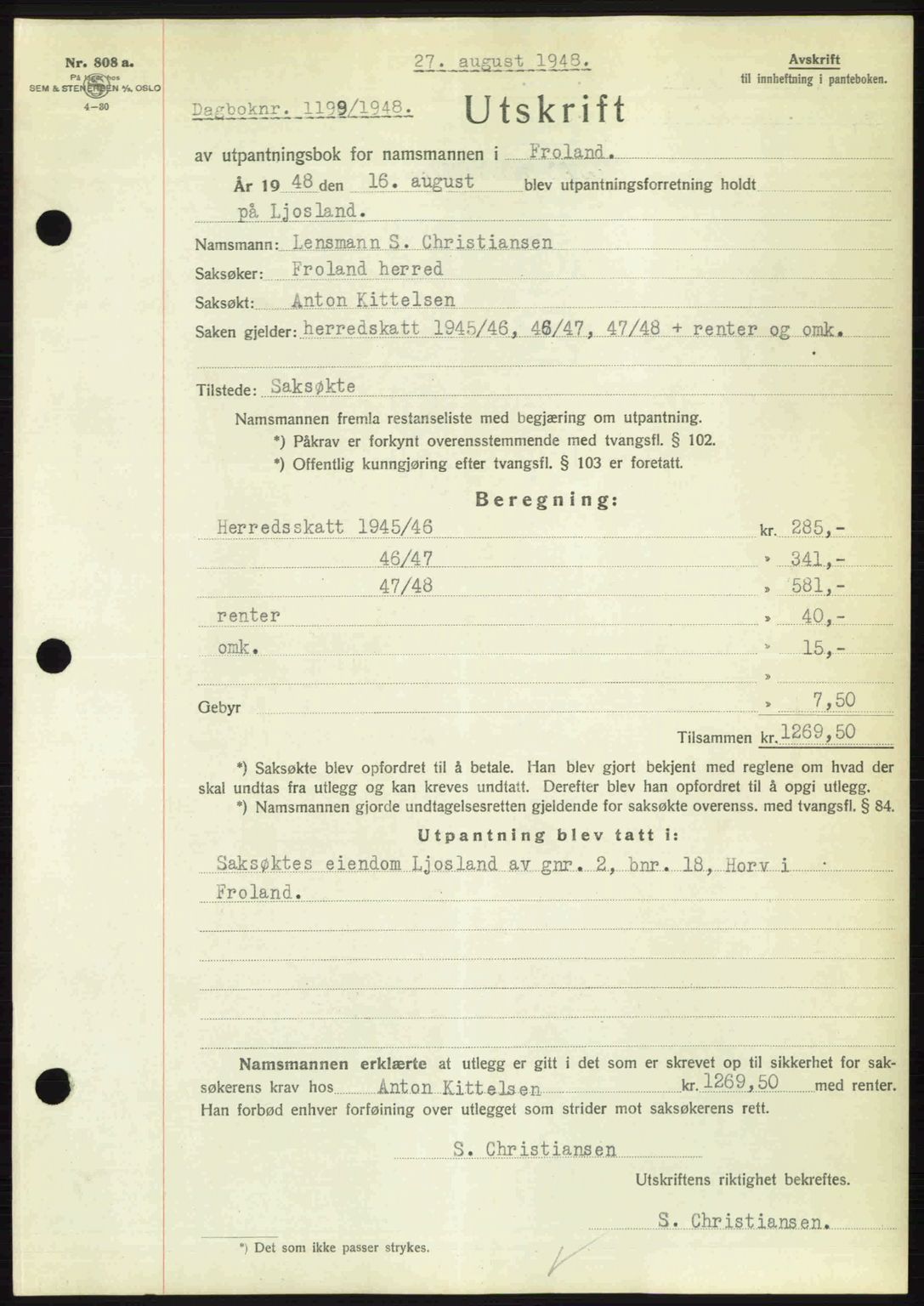 Nedenes sorenskriveri, SAK/1221-0006/G/Gb/Gba/L0059: Mortgage book no. A11, 1948-1948, Diary no: : 1199/1948