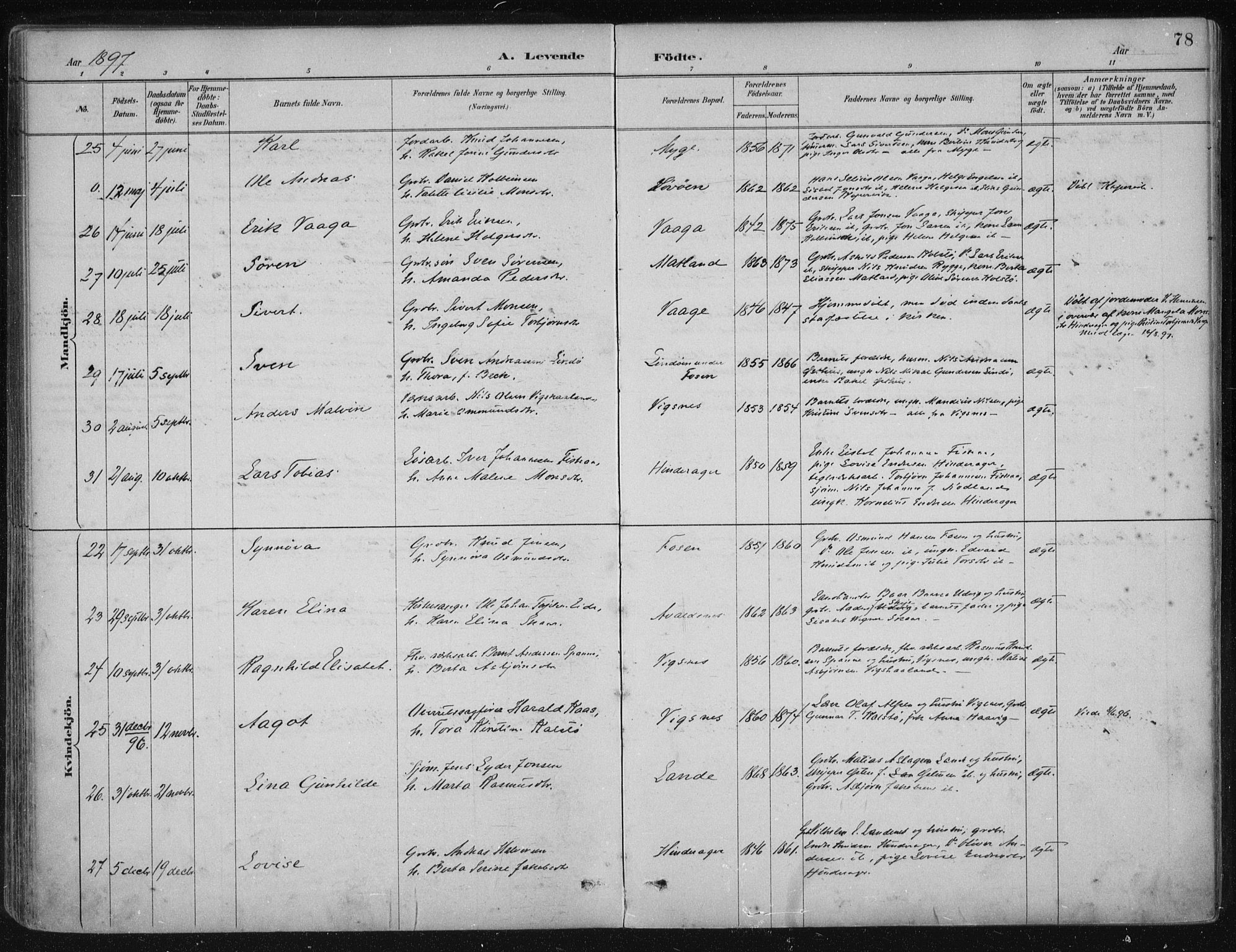 Avaldsnes sokneprestkontor, AV/SAST-A -101851/H/Ha/Haa/L0017: Parish register (official) no. A 17, 1889-1920, p. 78