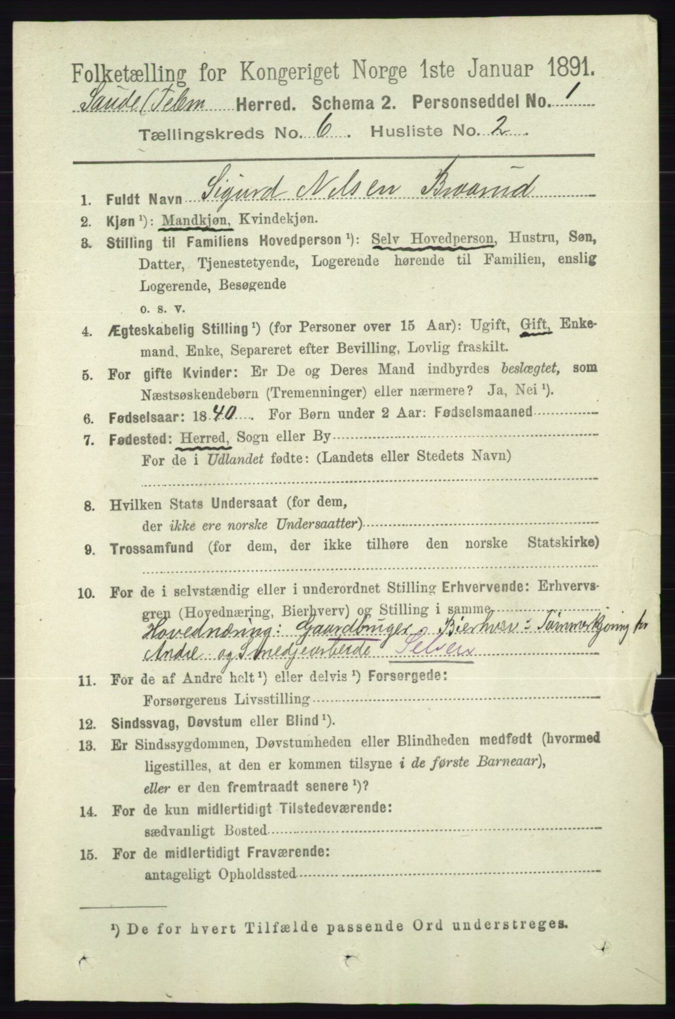 RA, 1891 census for 0822 Sauherad, 1891, p. 1734