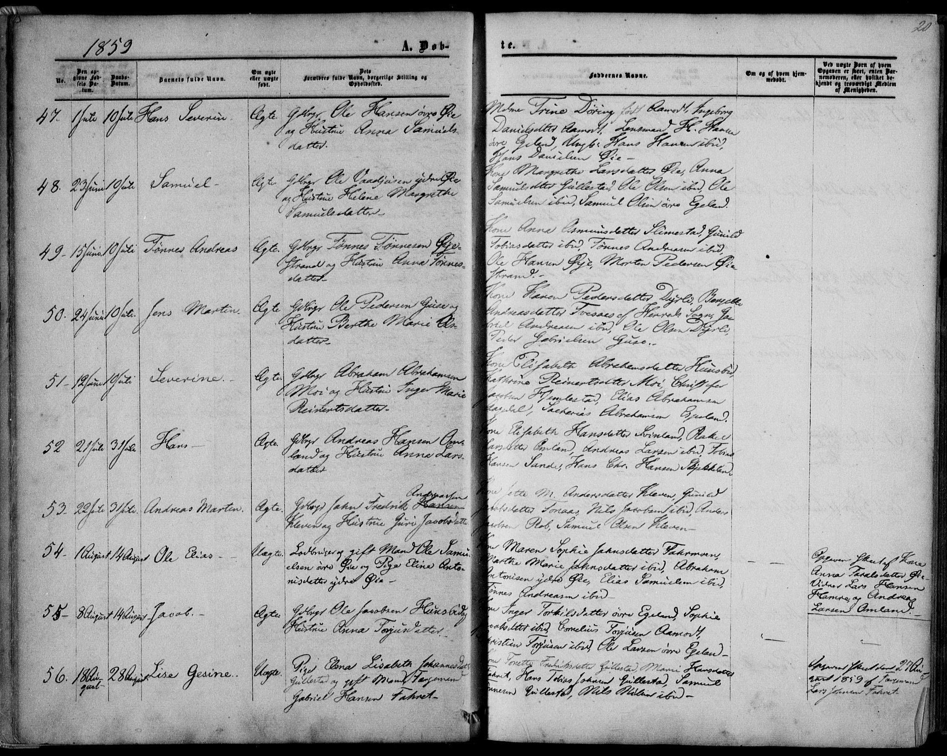Kvinesdal sokneprestkontor, SAK/1111-0026/F/Fa/Fab/L0006: Parish register (official) no. A 6, 1857-1869, p. 20