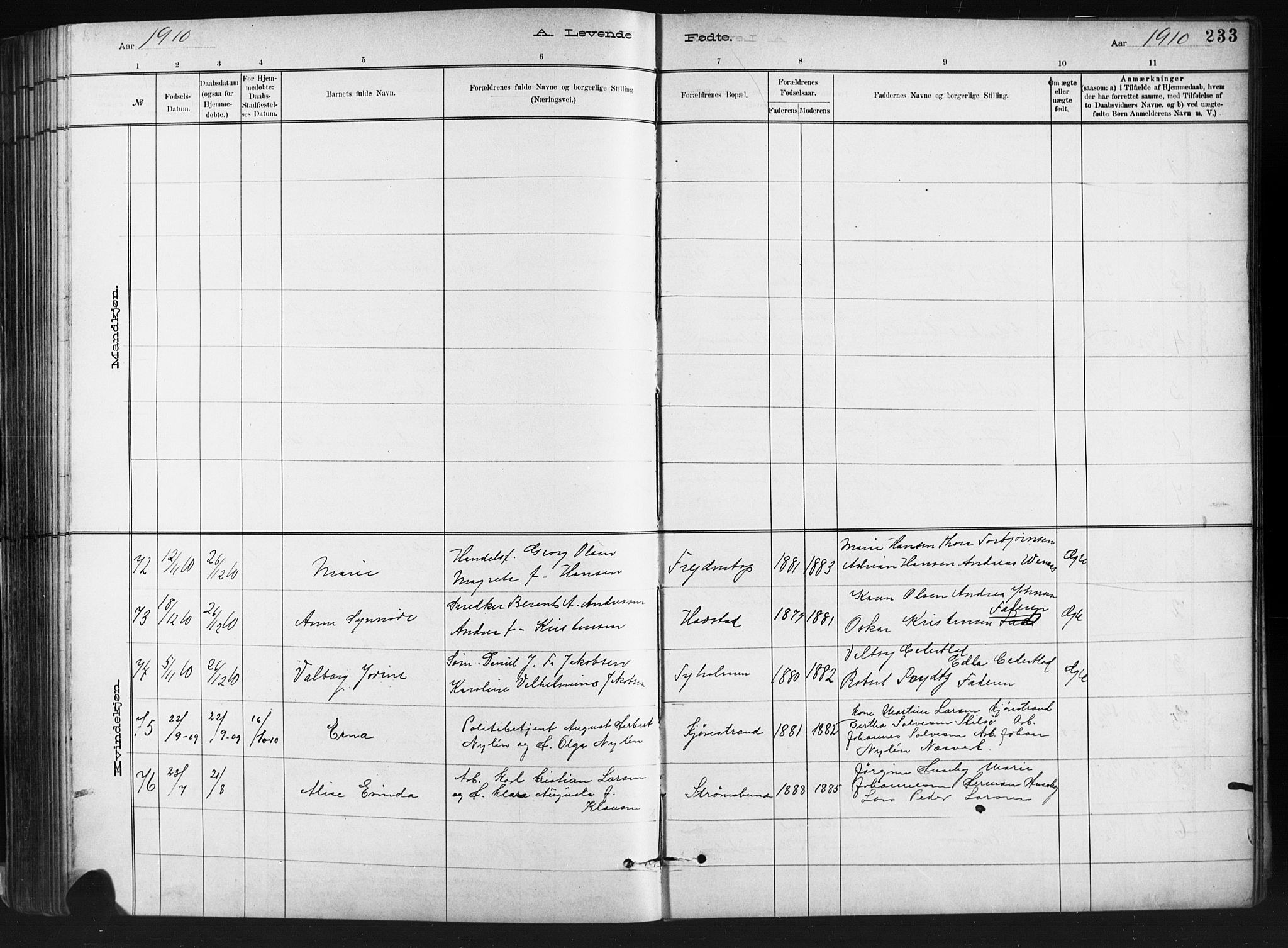 Barbu sokneprestkontor, AV/SAK-1111-0003/F/Fb/L0002: Parish register (copy) no. B 2, 1890-1922, p. 233