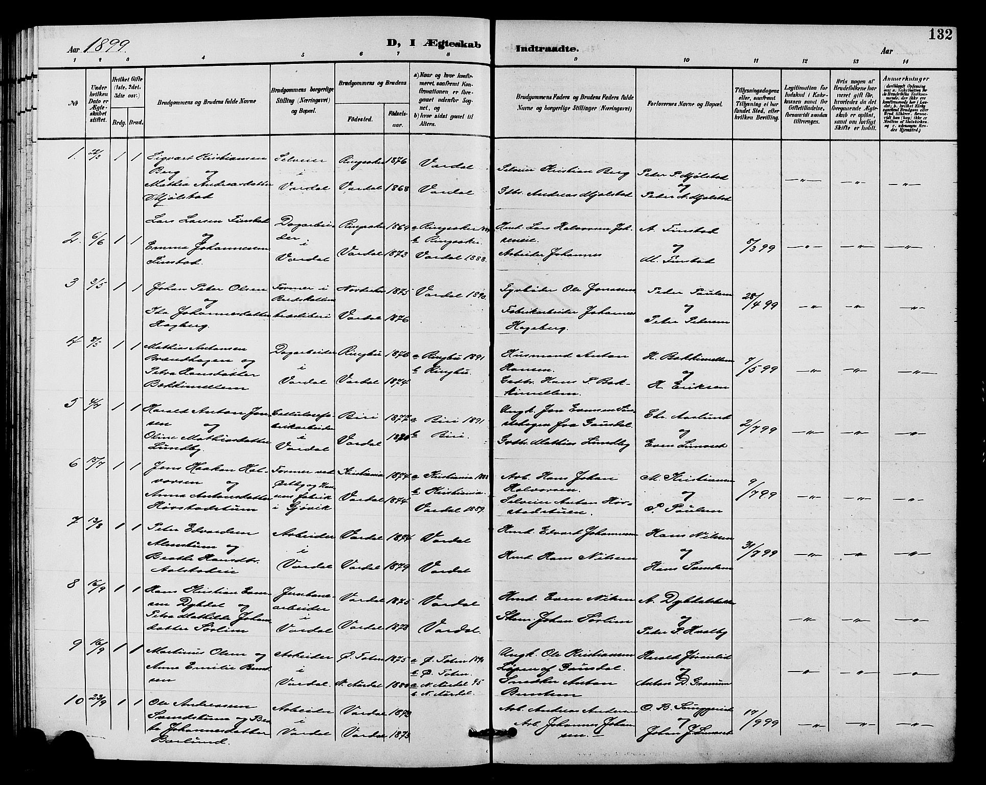 Vardal prestekontor, SAH/PREST-100/H/Ha/Hab/L0011: Parish register (copy) no. 11, 1899-1913, p. 132