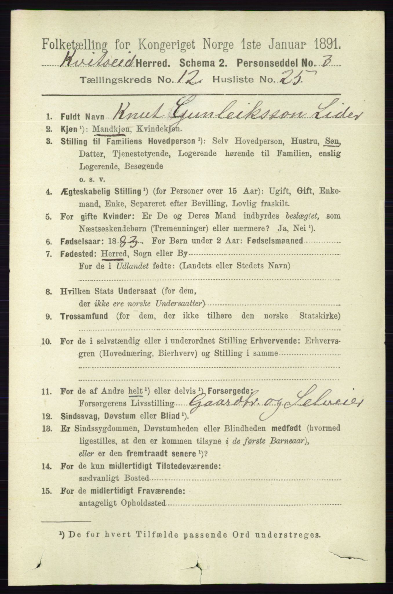 RA, 1891 census for 0829 Kviteseid, 1891, p. 3028