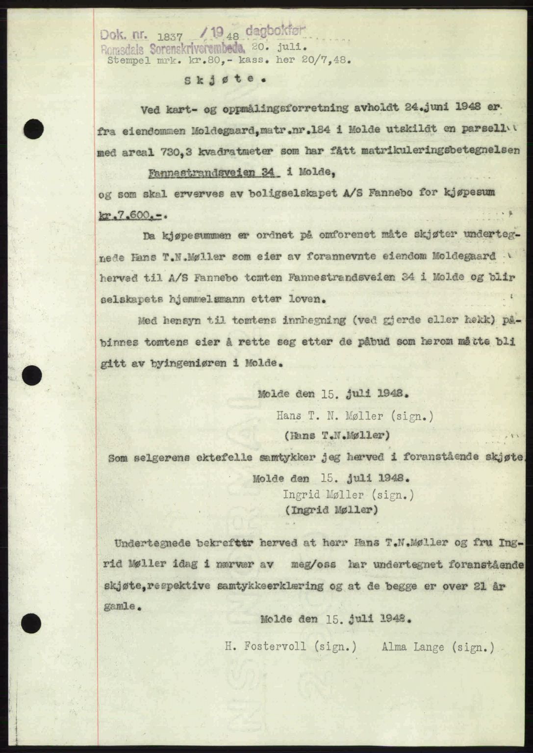 Romsdal sorenskriveri, AV/SAT-A-4149/1/2/2C: Mortgage book no. A26, 1948-1948, Diary no: : 1837/1948