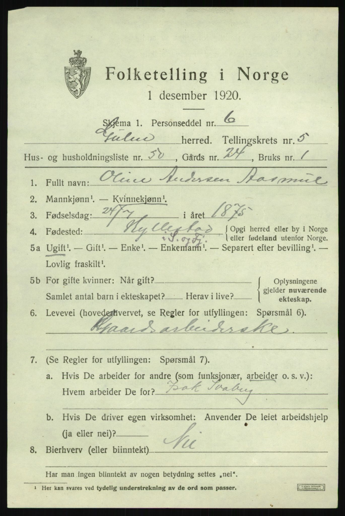 SAB, 1920 census for Gulen, 1920, p. 2595