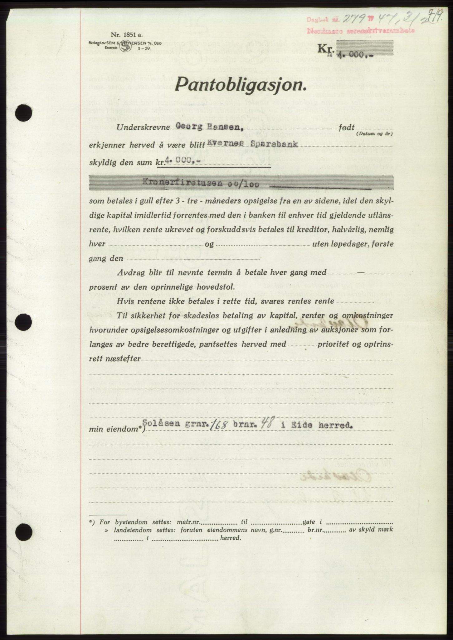 Nordmøre sorenskriveri, AV/SAT-A-4132/1/2/2Ca: Mortgage book no. B95, 1946-1947, Diary no: : 279/1947