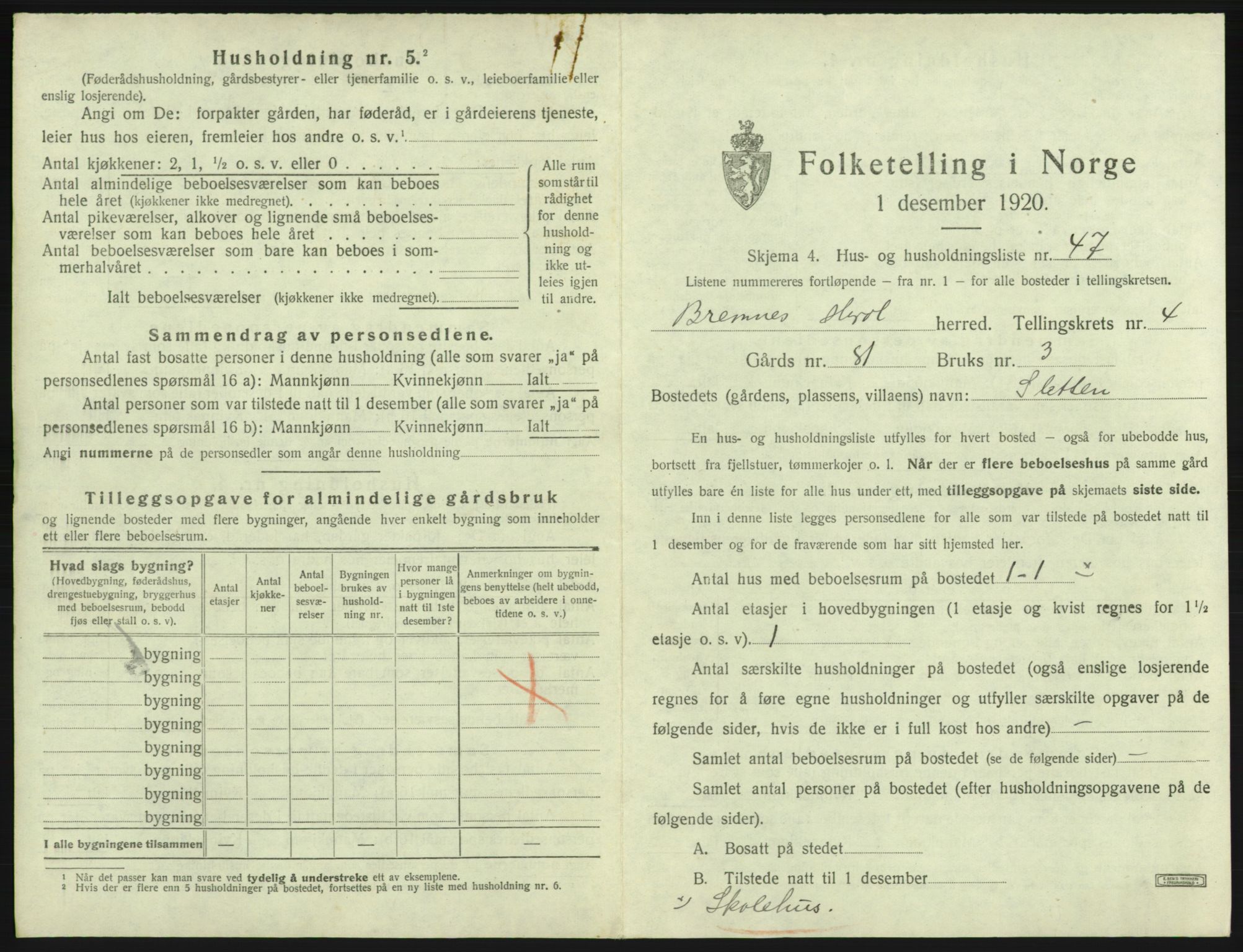 SAB, 1920 census for Bremnes, 1920, p. 252